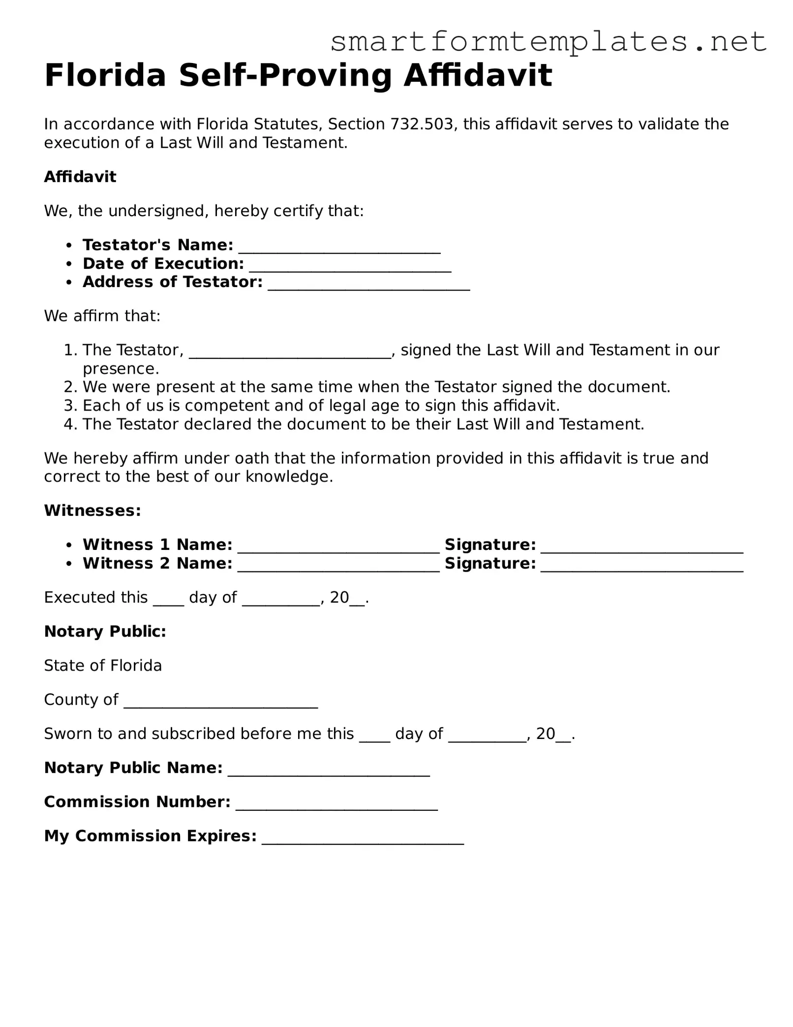 Official Florida Self-Proving Affidavit Form
