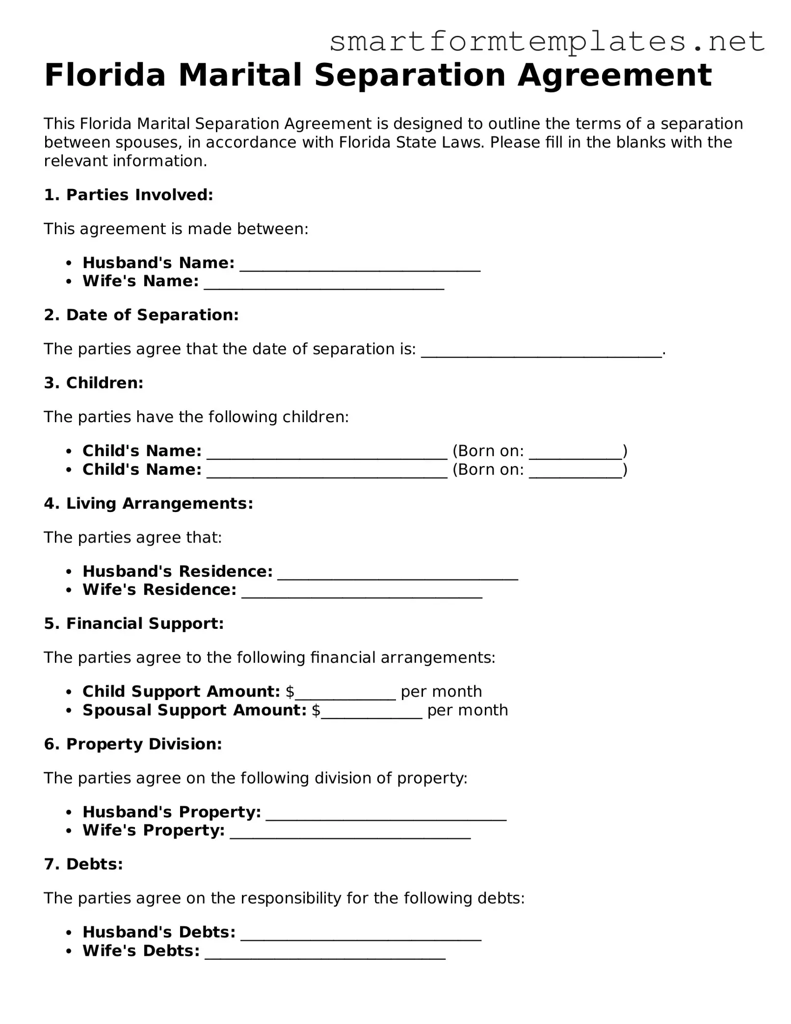 Official Florida Marital Separation Agreement Form