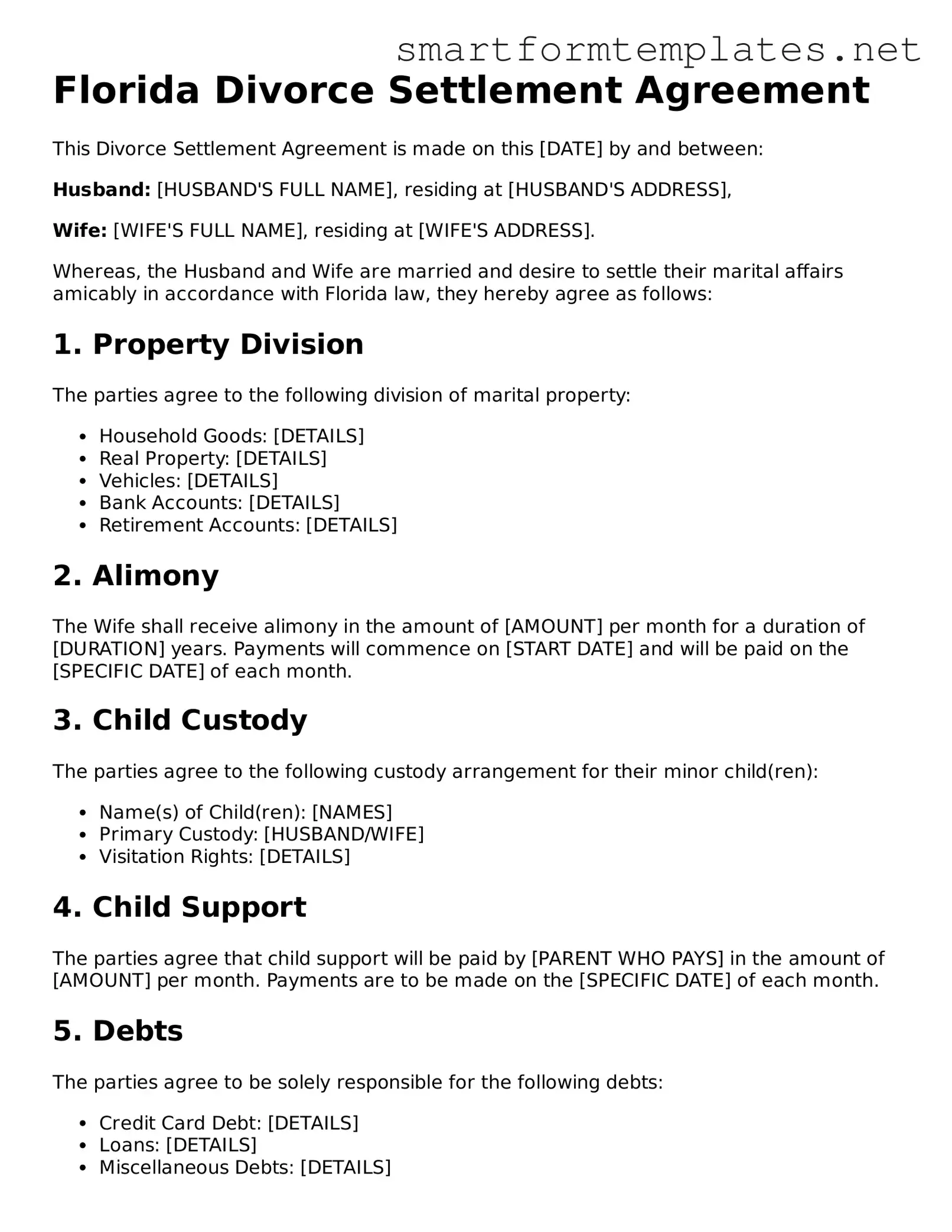 Official Florida Divorce Settlement Agreement Form