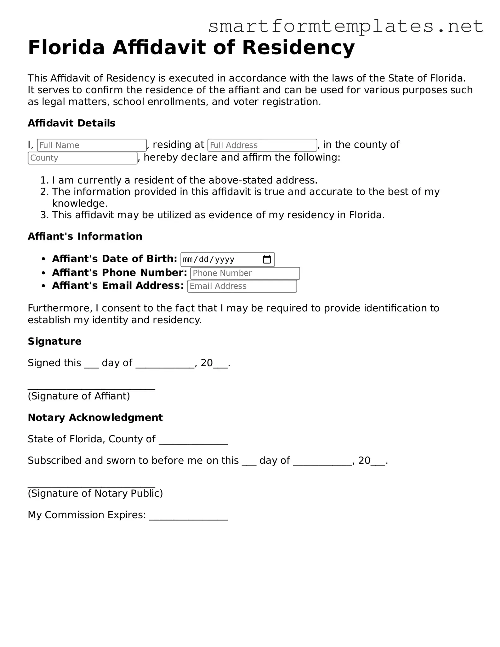 Official Florida Affidavit of Residency Form