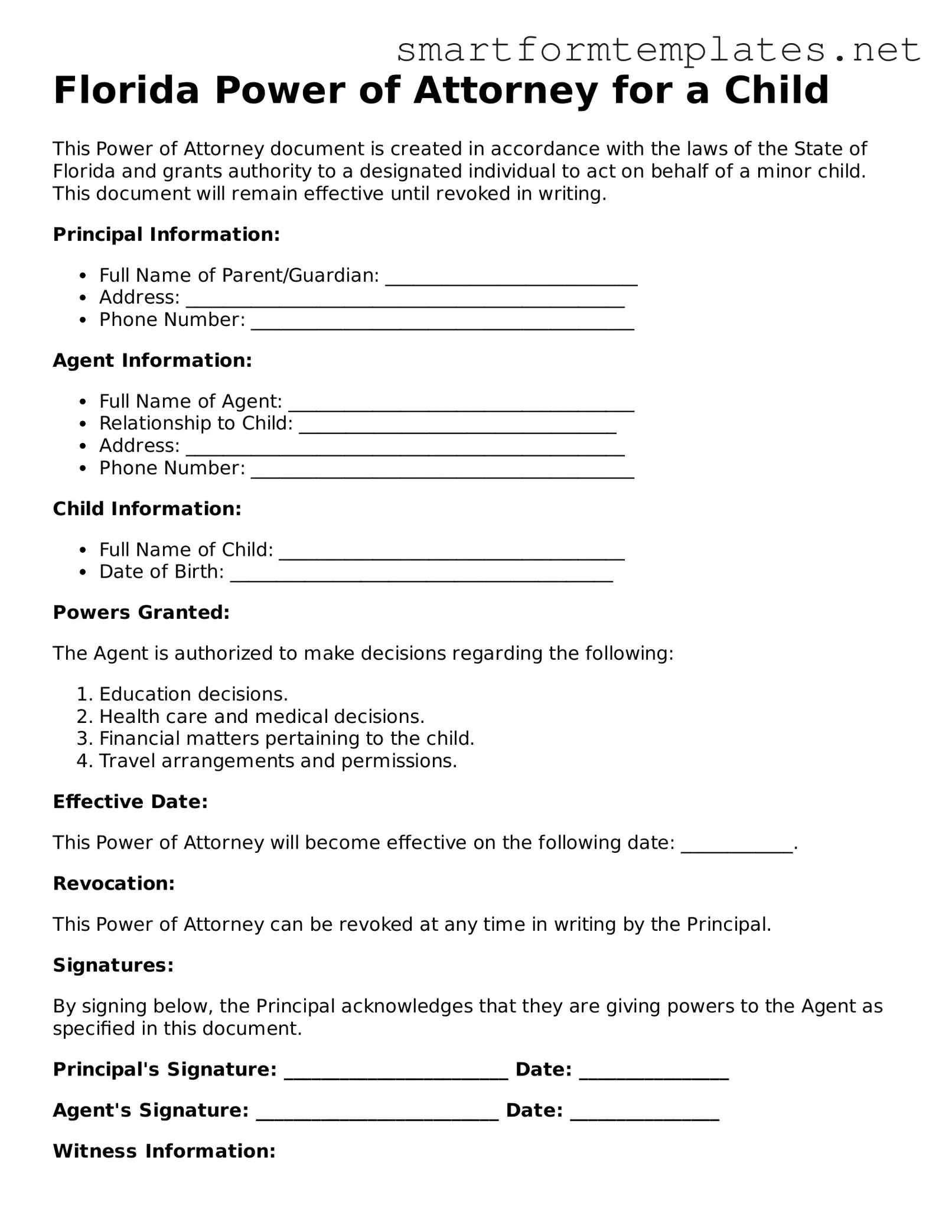 Official Florida Power of Attorney for a Child Form