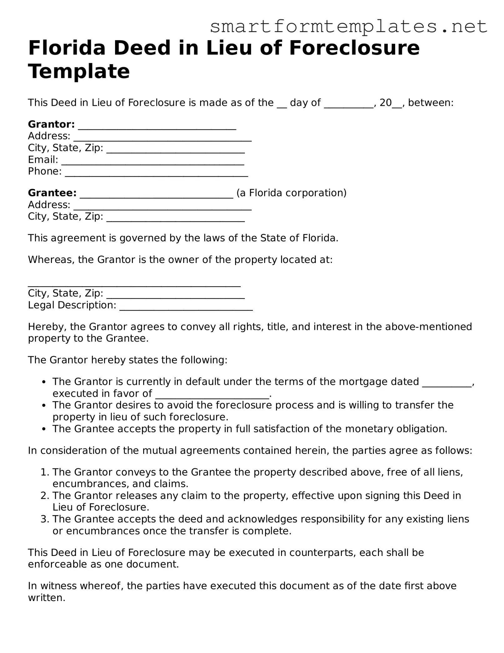Official Florida Deed in Lieu of Foreclosure Form