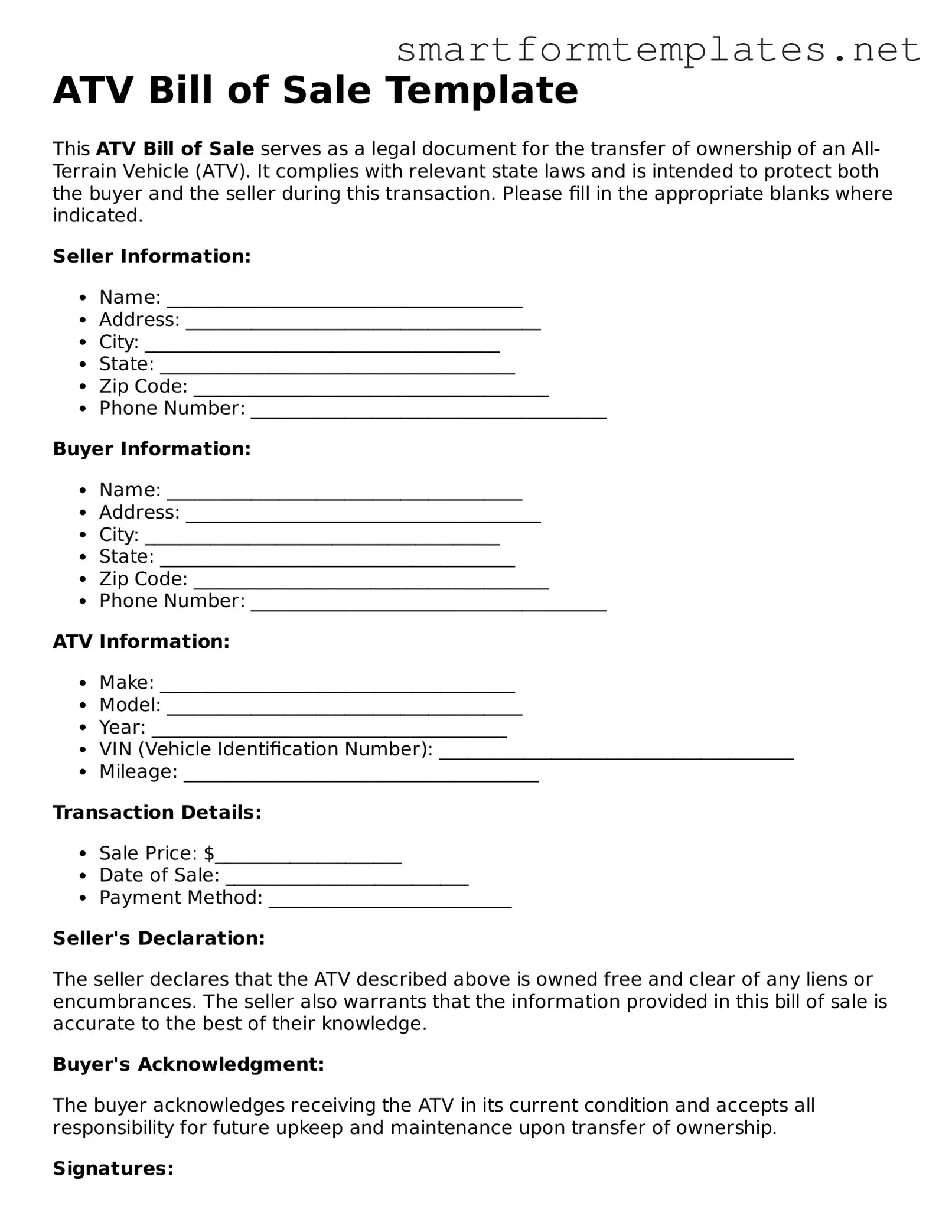 ATV Bill of Sale Template