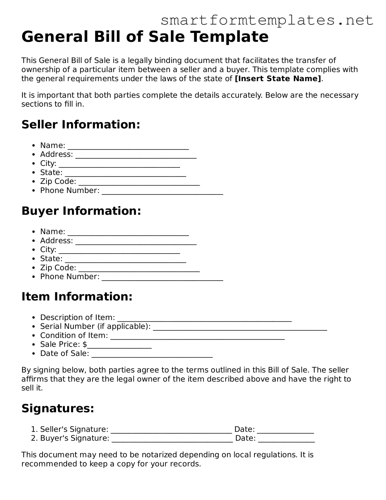 General Bill of Sale Template