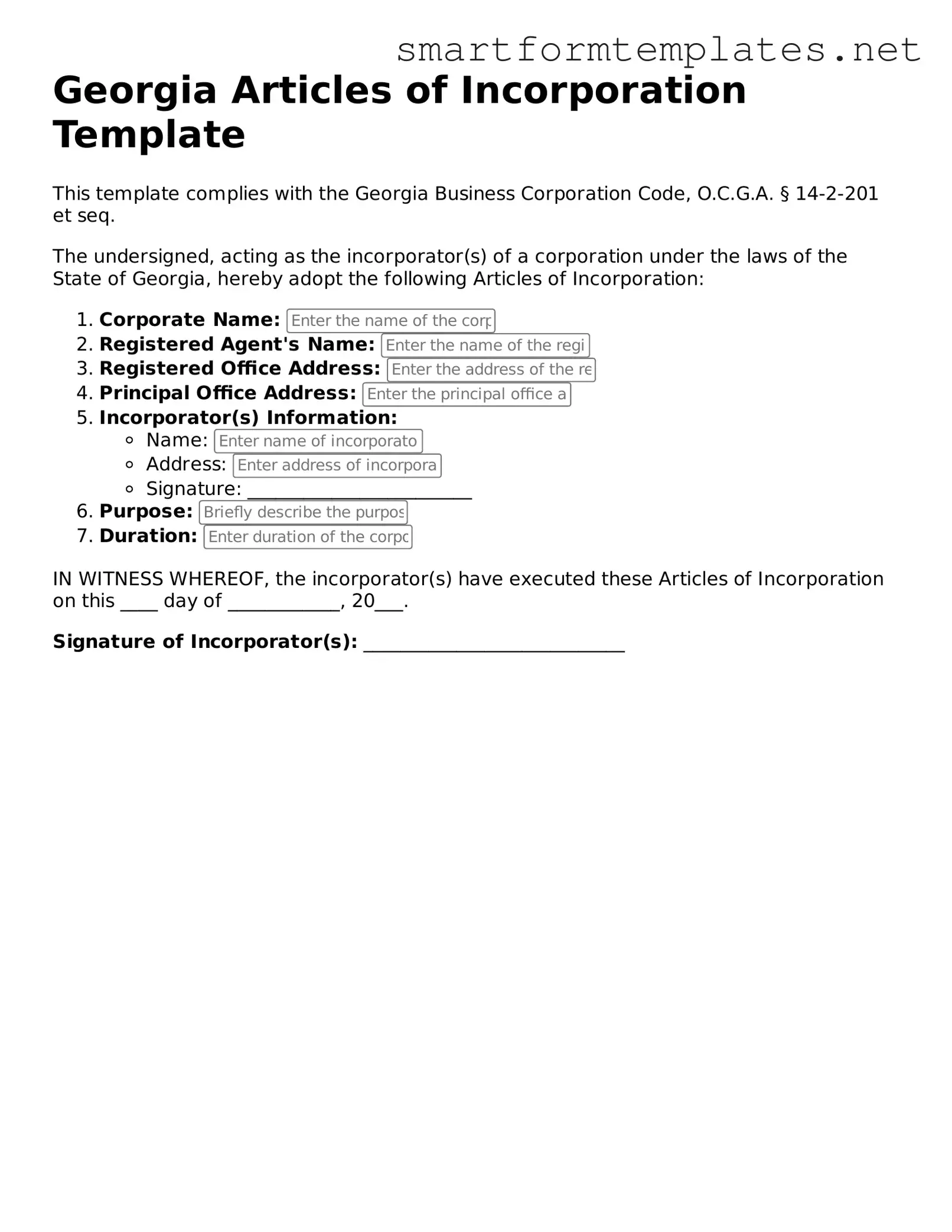 Official Georgia Articles of Incorporation Form