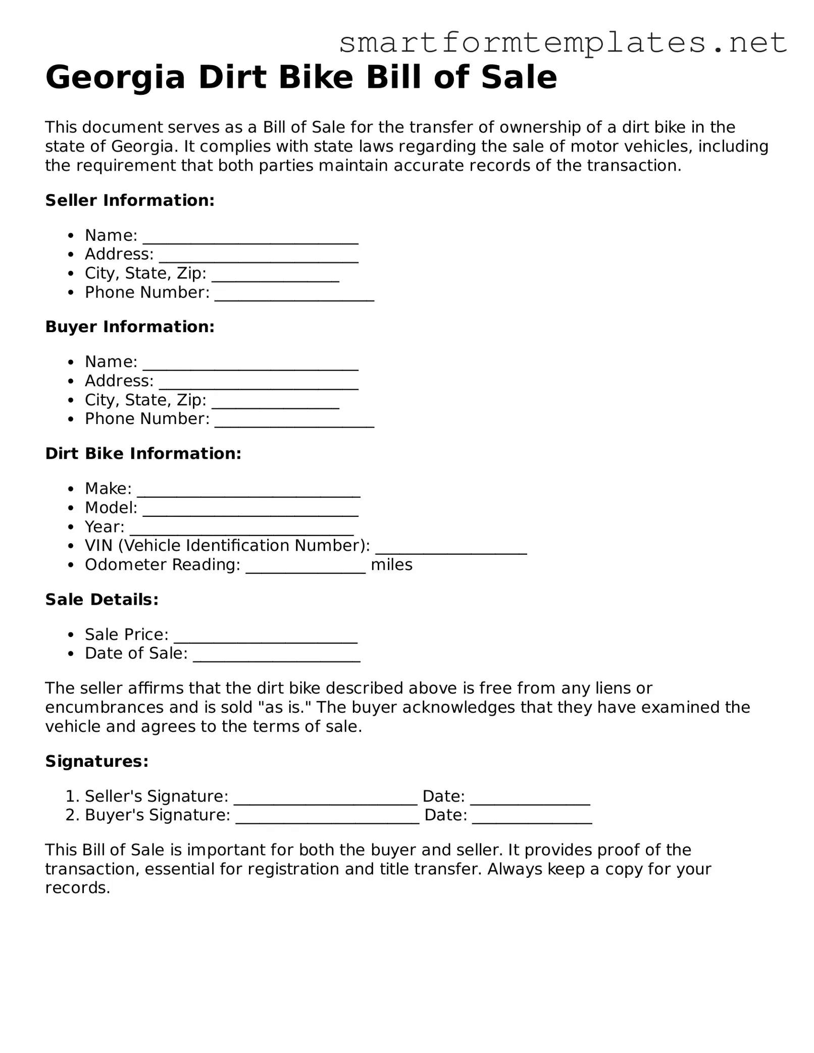 Official Georgia Dirt Bike Bill of Sale Form
