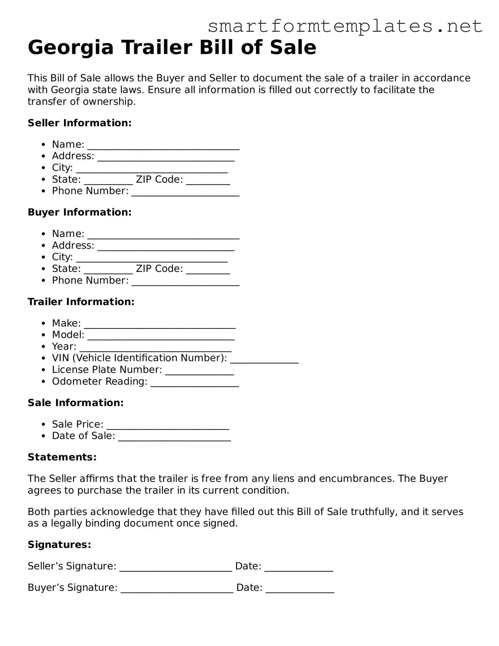 Official Georgia Trailer Bill of Sale Form
