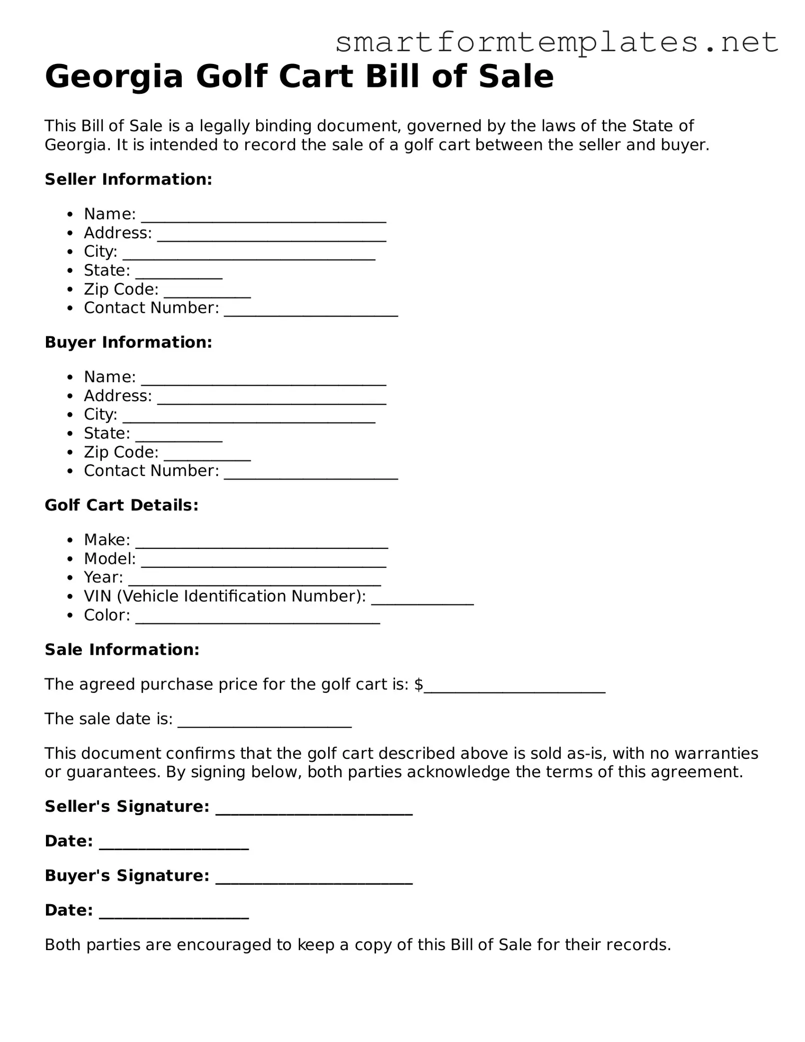 Official Georgia Golf Cart Bill of Sale Form