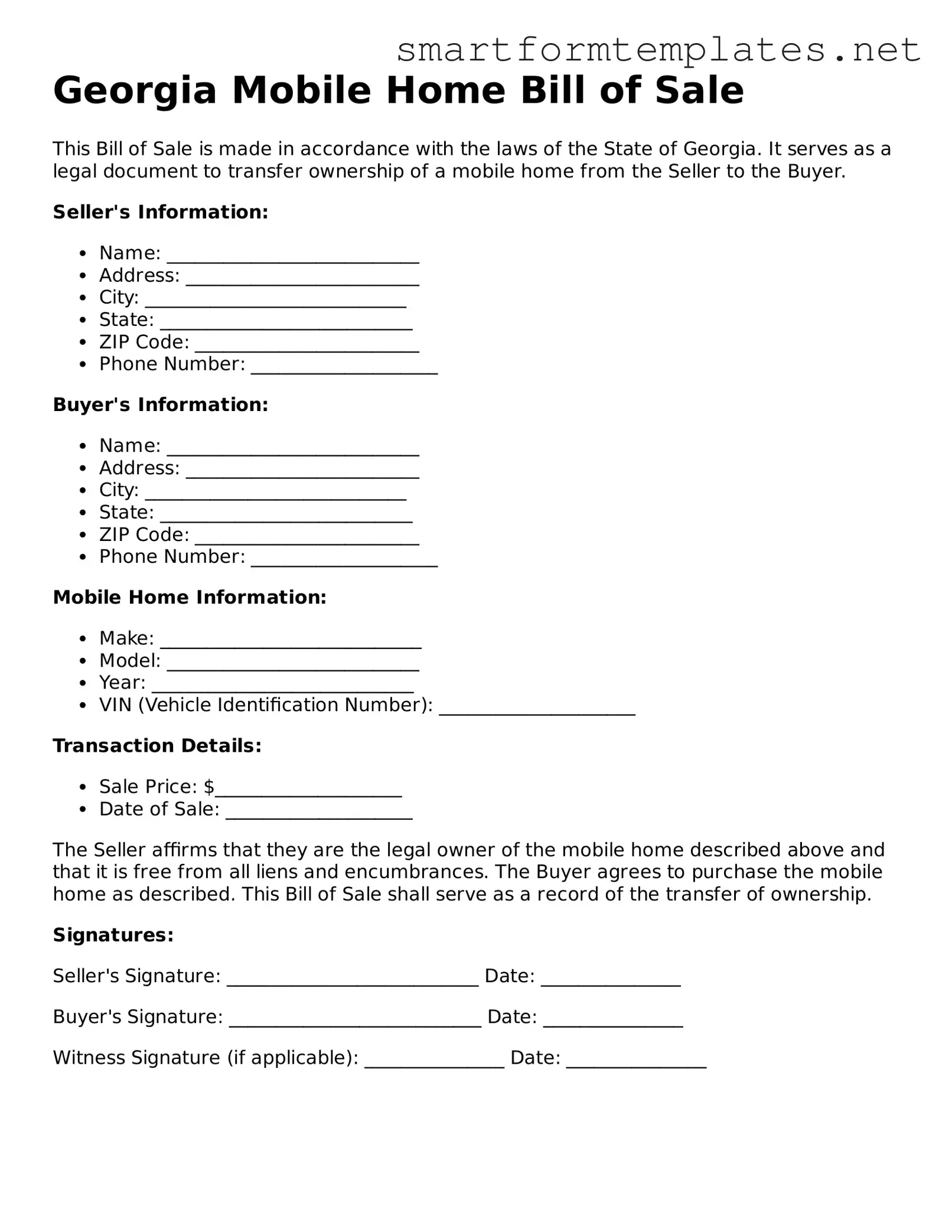 Official Georgia Mobile Home Bill of Sale Form