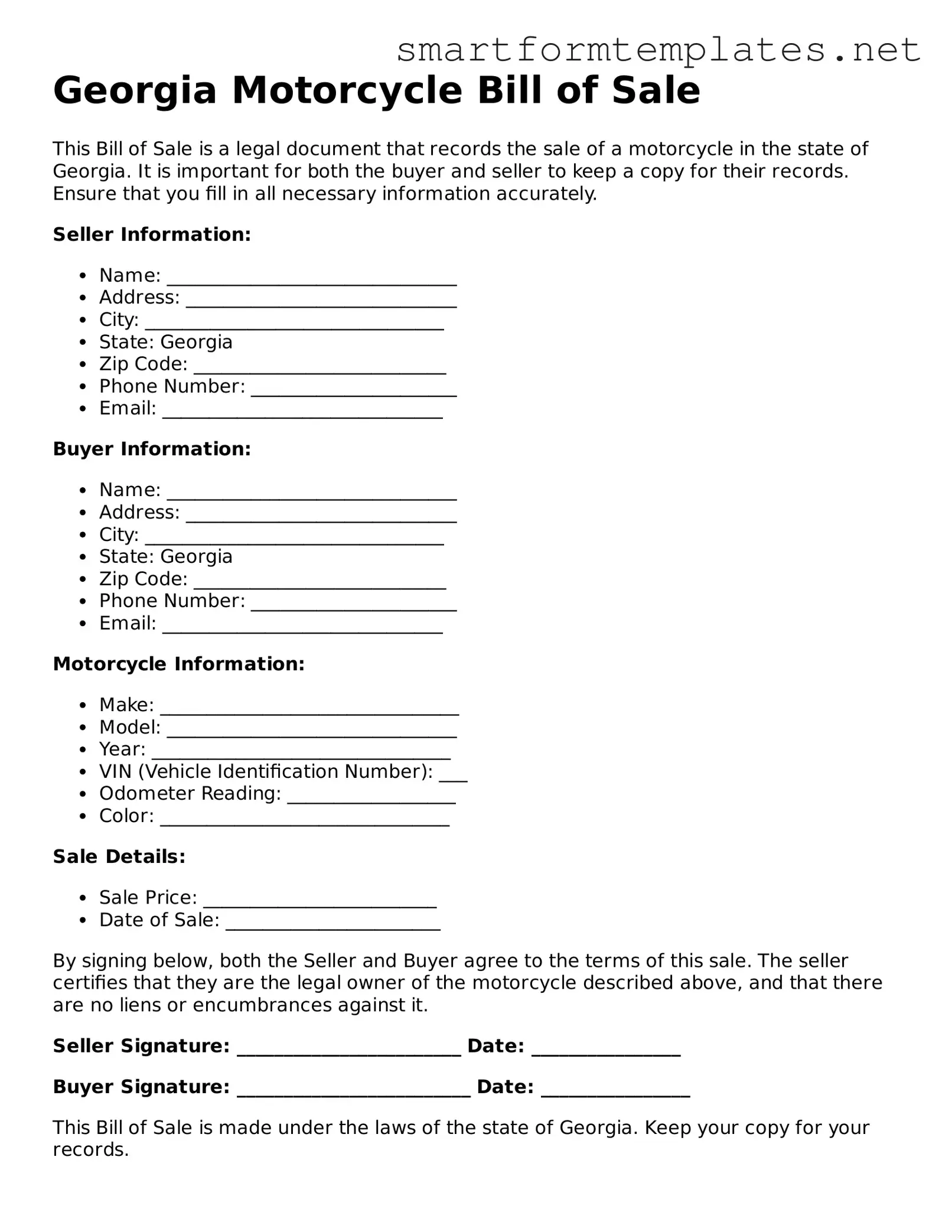 Official Georgia Motorcycle Bill of Sale Form