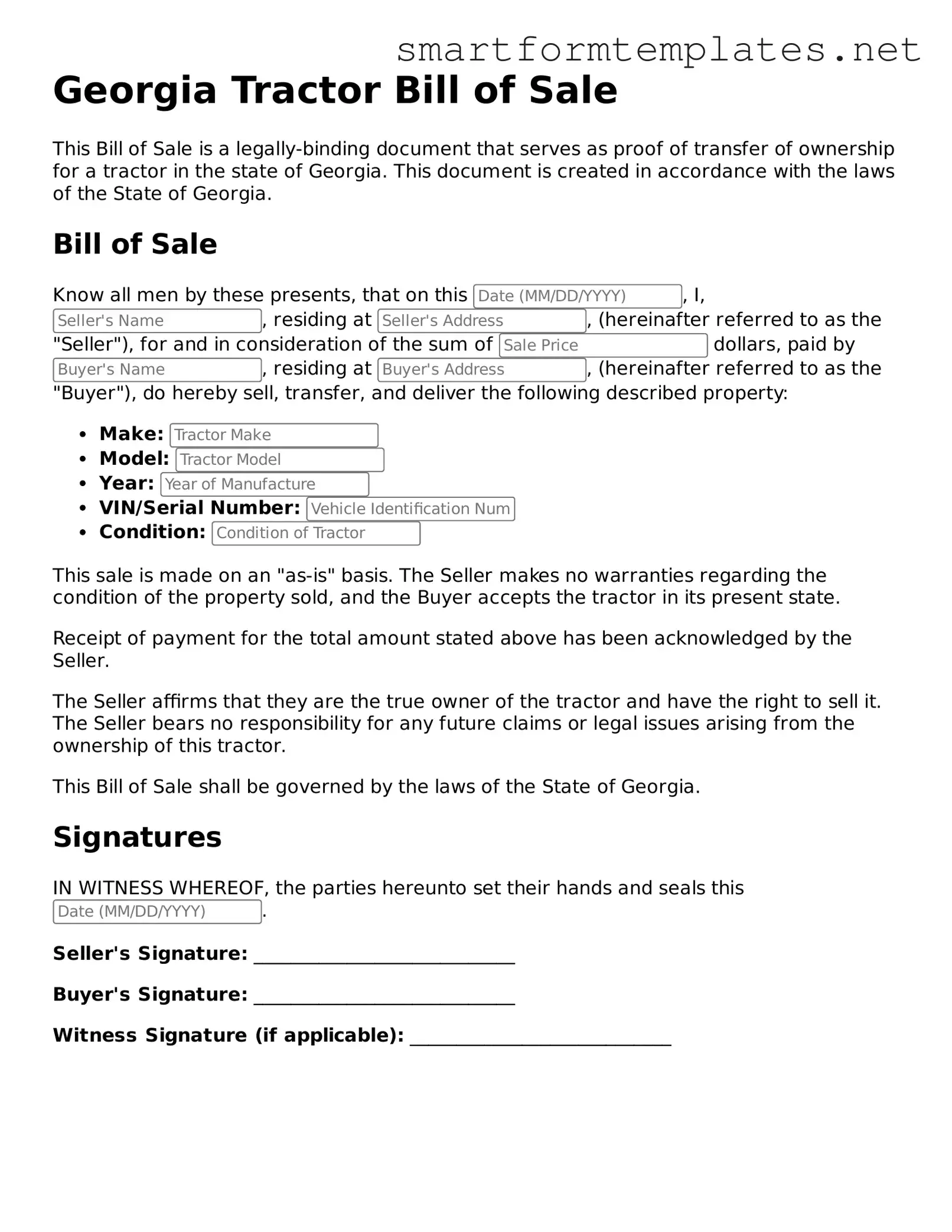 Official Georgia Tractor Bill of Sale Form