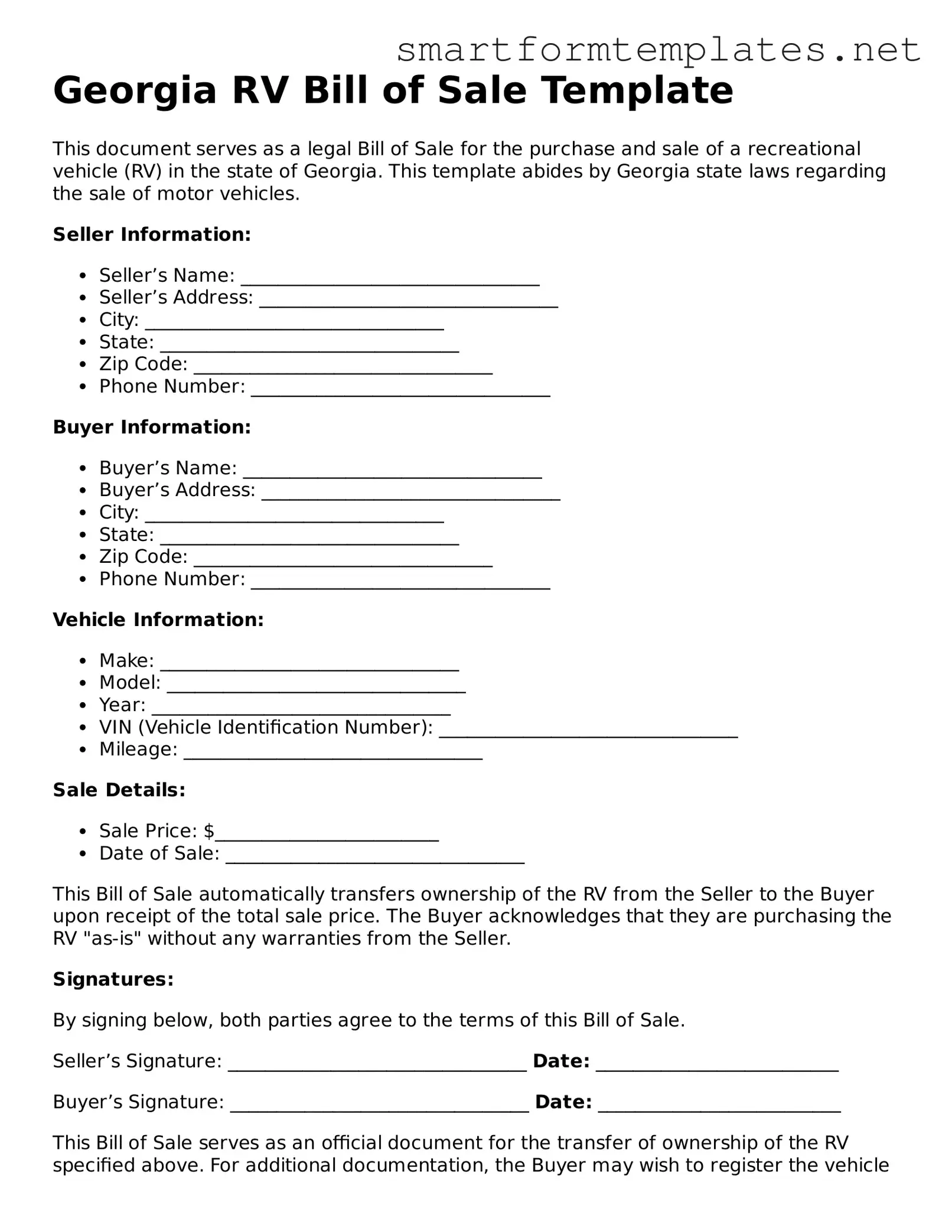 Official Georgia RV Bill of Sale Form