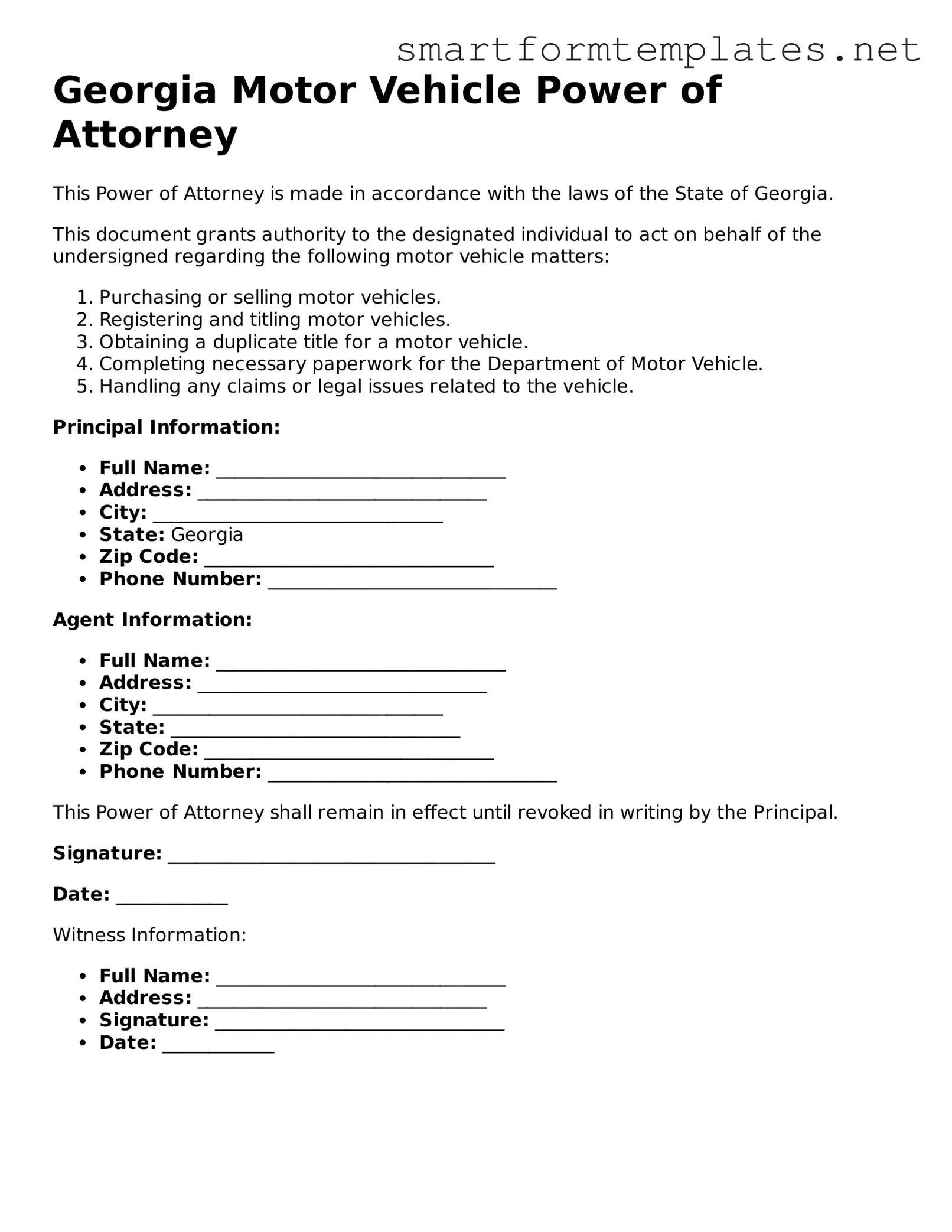 Official Georgia Motor Vehicle Power of Attorney Form