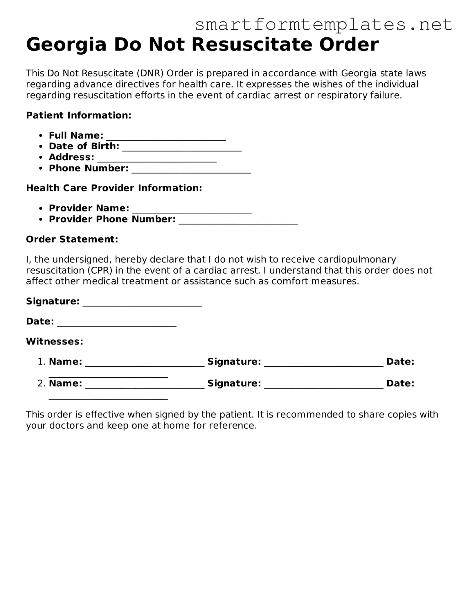 Official Georgia Do Not Resuscitate Order Form