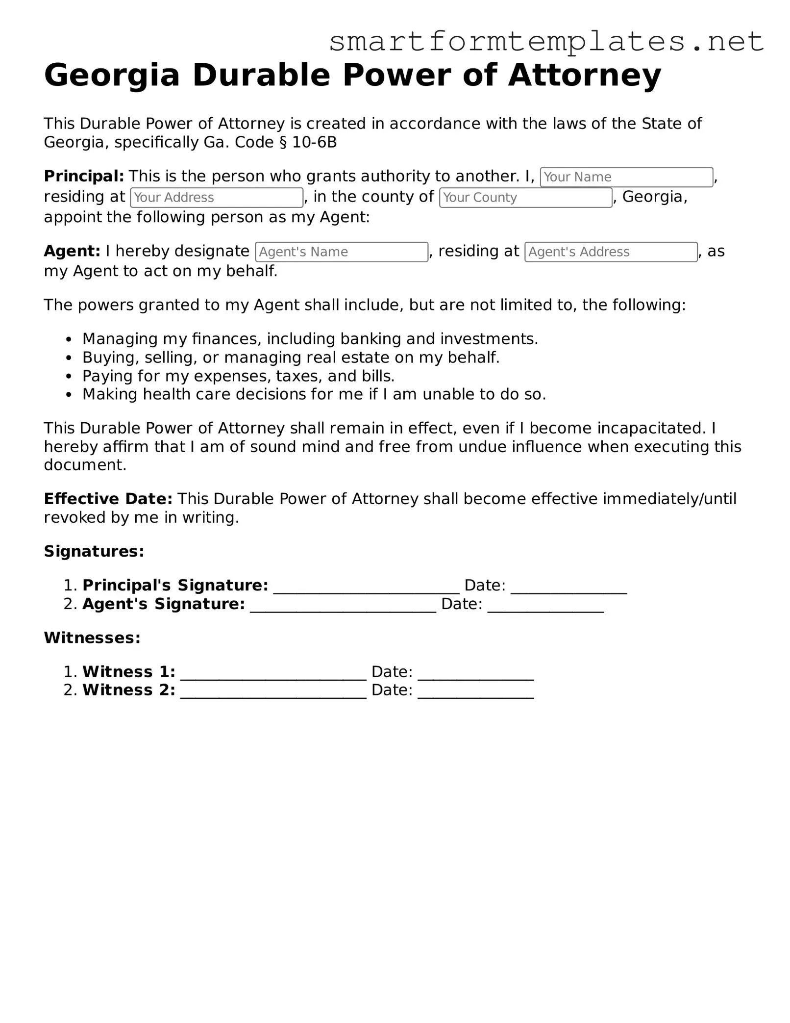 Official Georgia Durable Power of Attorney Form