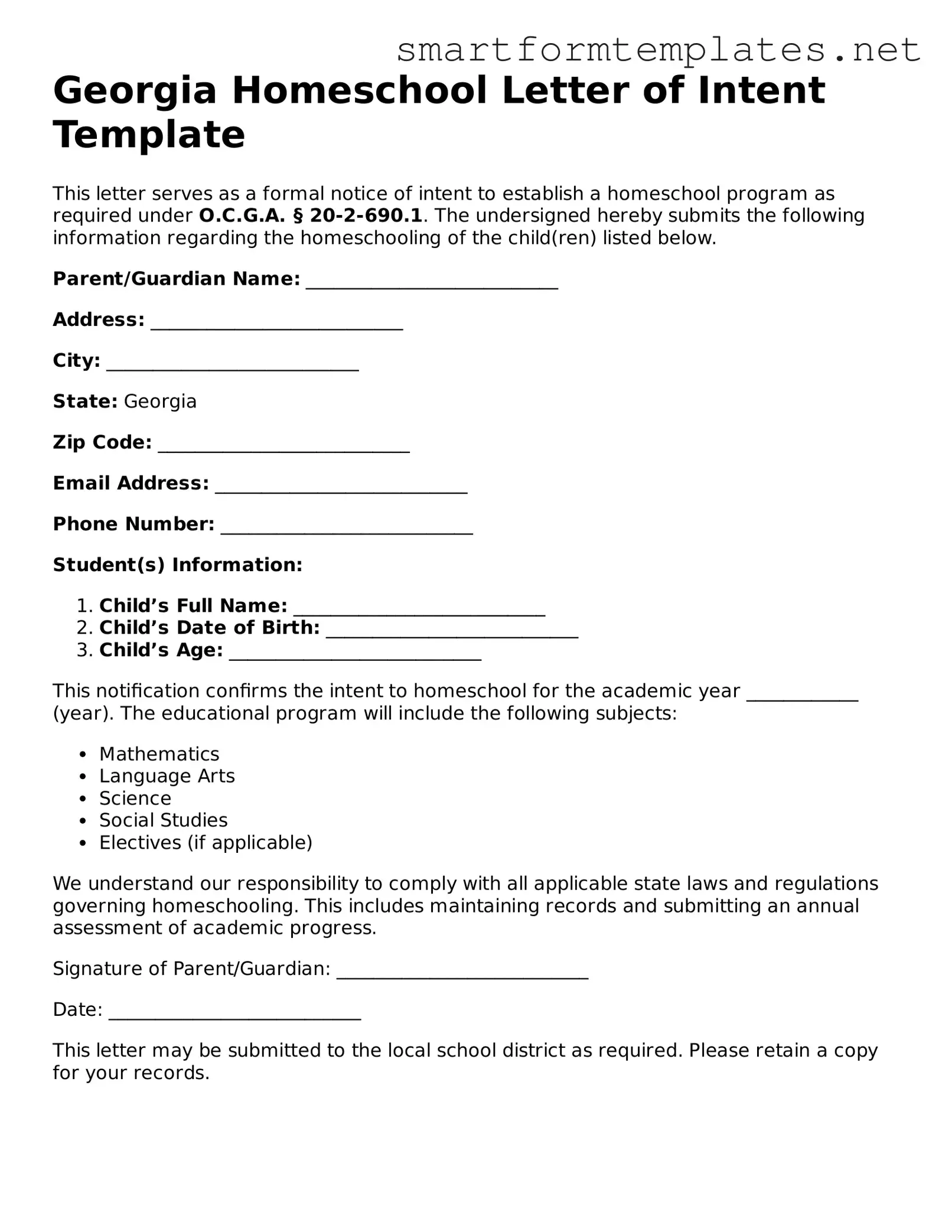 Official Georgia Homeschool Letter of Intent Form