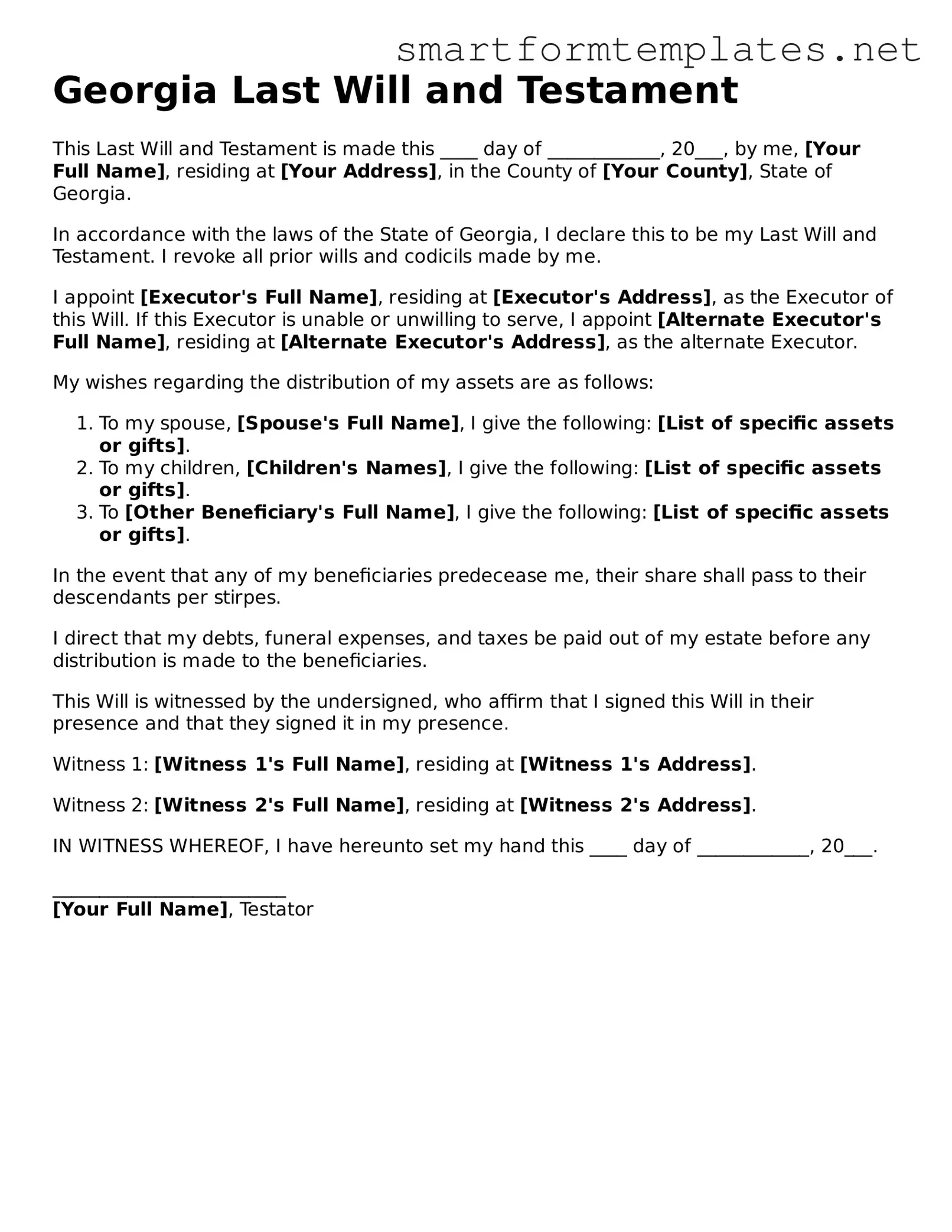 Official Georgia Last Will and Testament Form