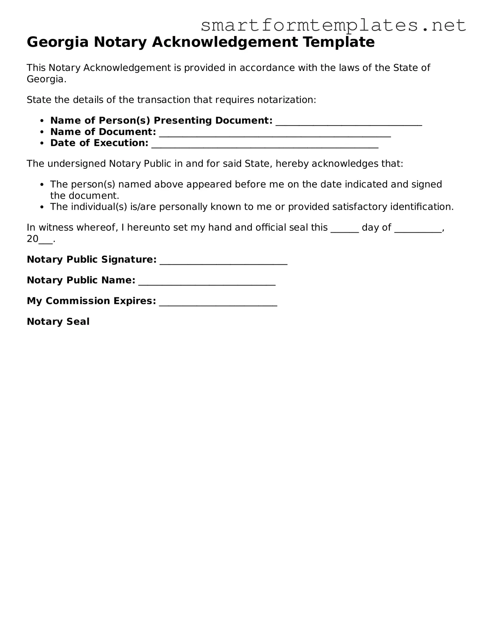 Official Georgia Notary Acknowledgement Form