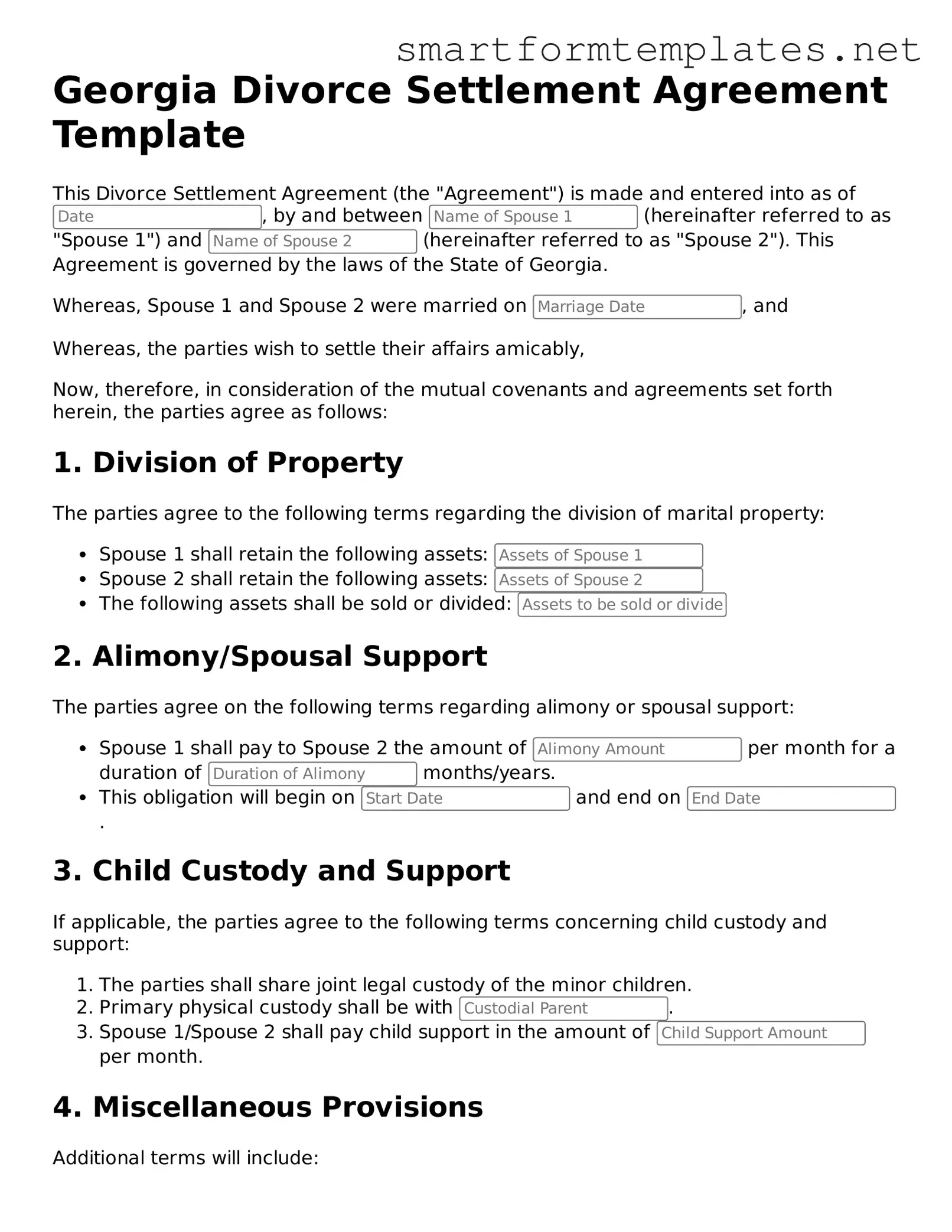 Official Georgia Divorce Settlement Agreement Form