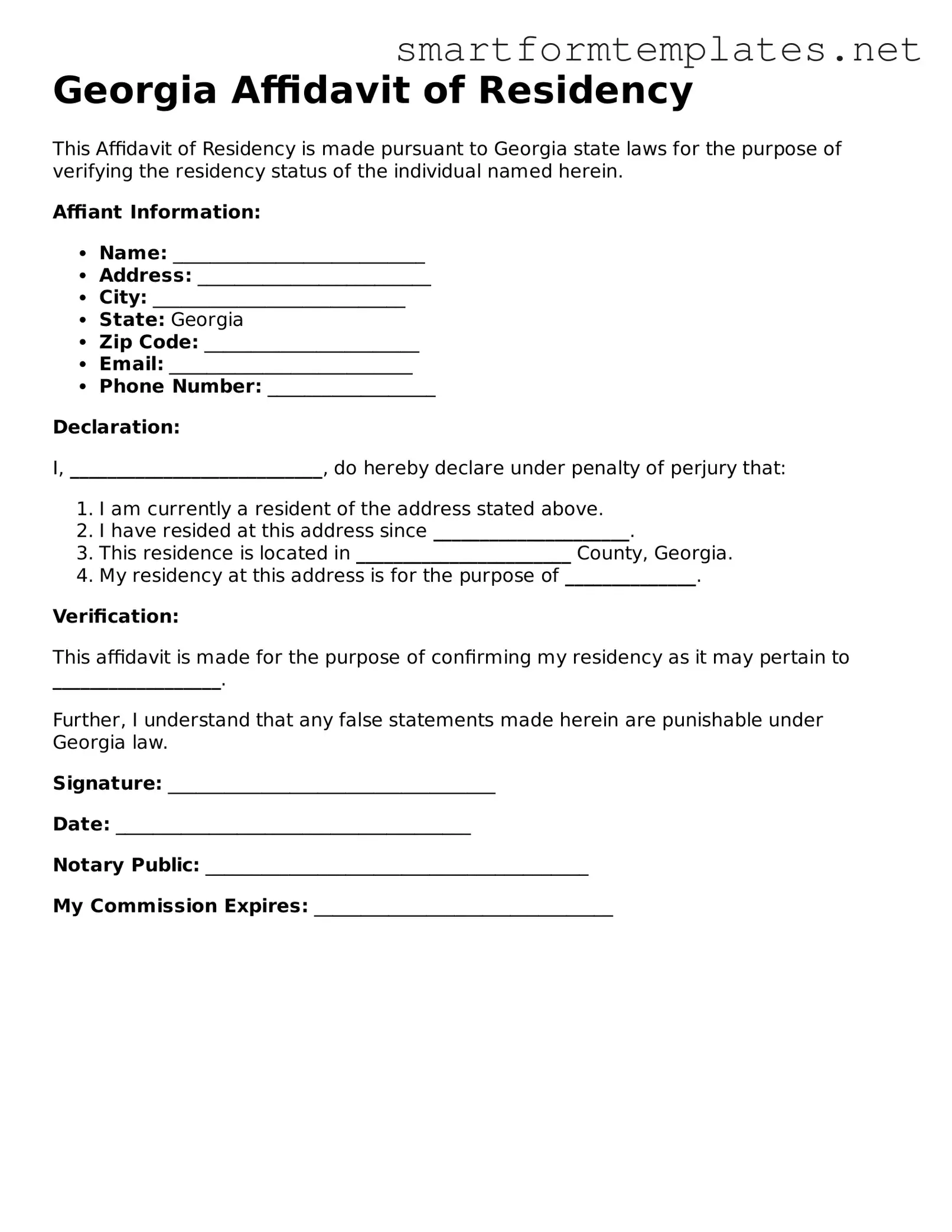 Official Georgia Affidavit of Residency Form