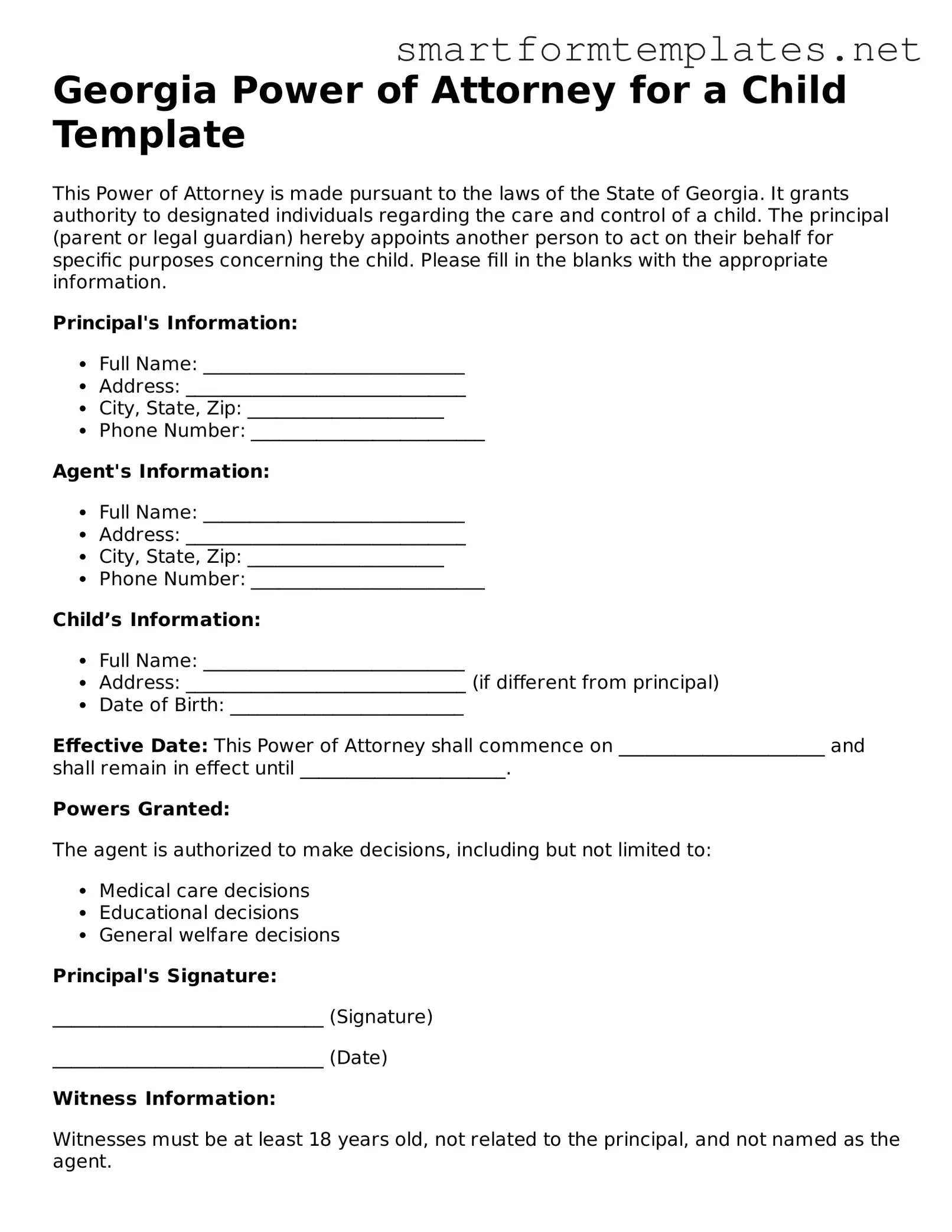 Official Georgia Power of Attorney for a Child Form