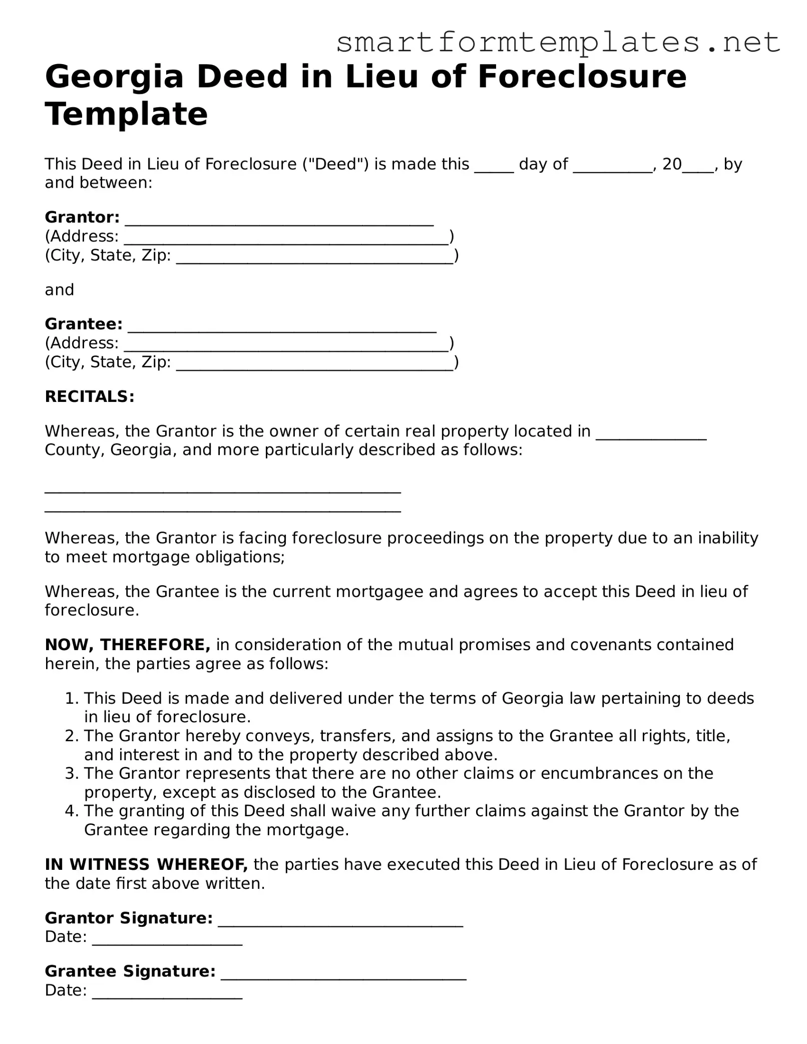 Official Georgia Deed in Lieu of Foreclosure Form