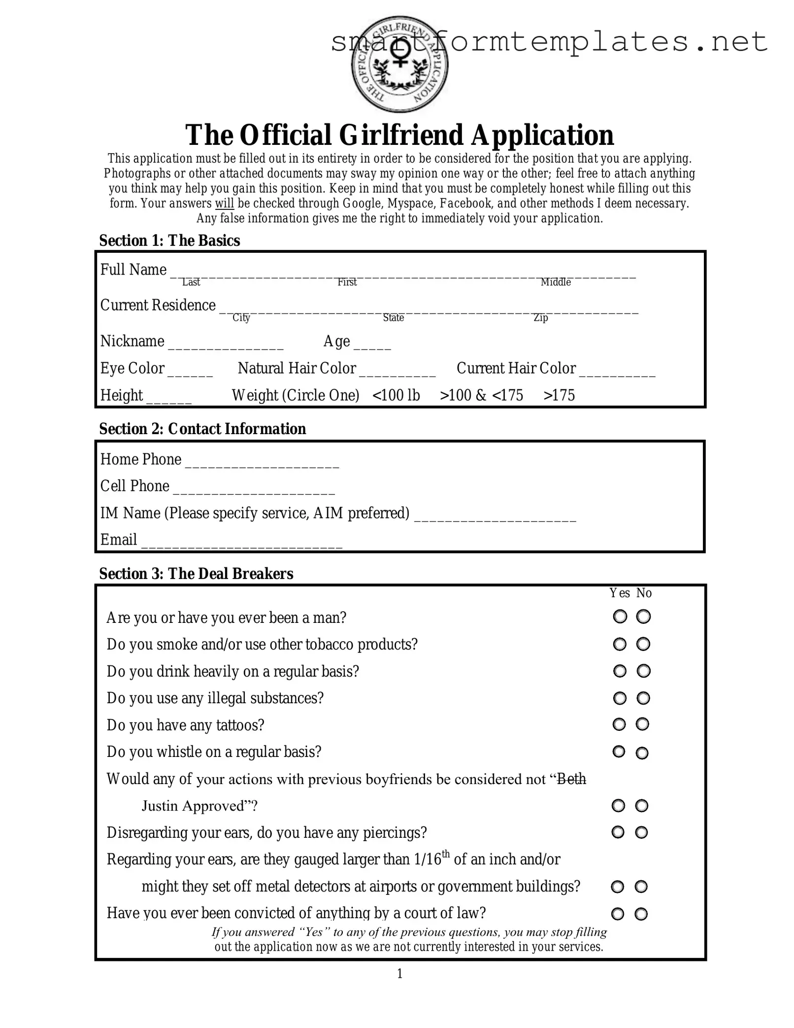 Free Girlfriend Application PDF Form