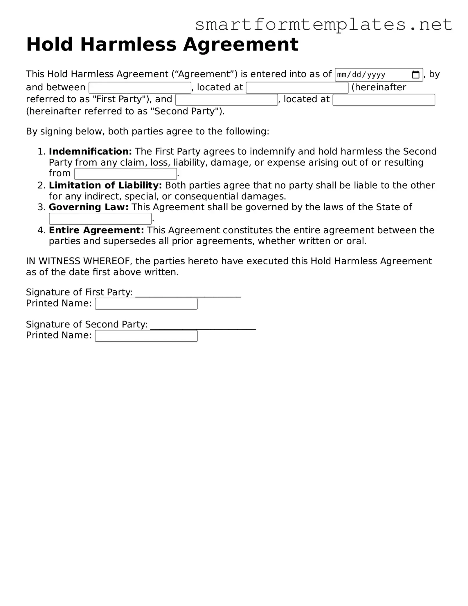 Hold Harmless Agreement Template