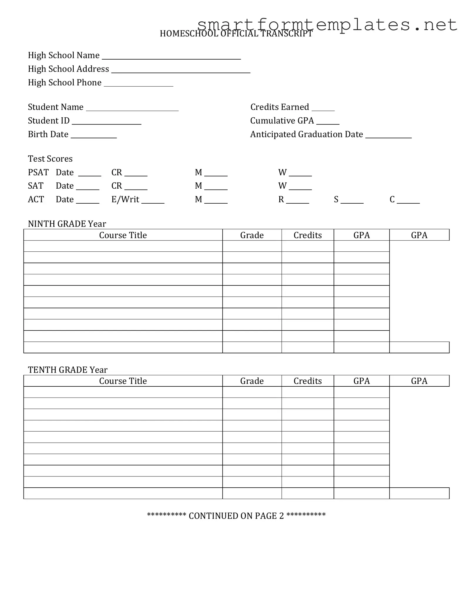 Free High School Transcript PDF Form
