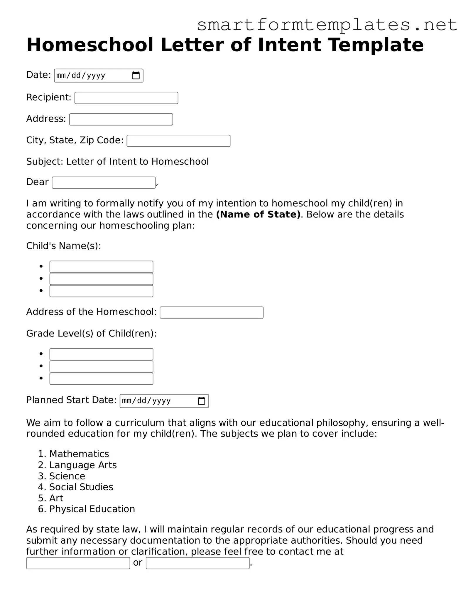Homeschool Letter of Intent Template