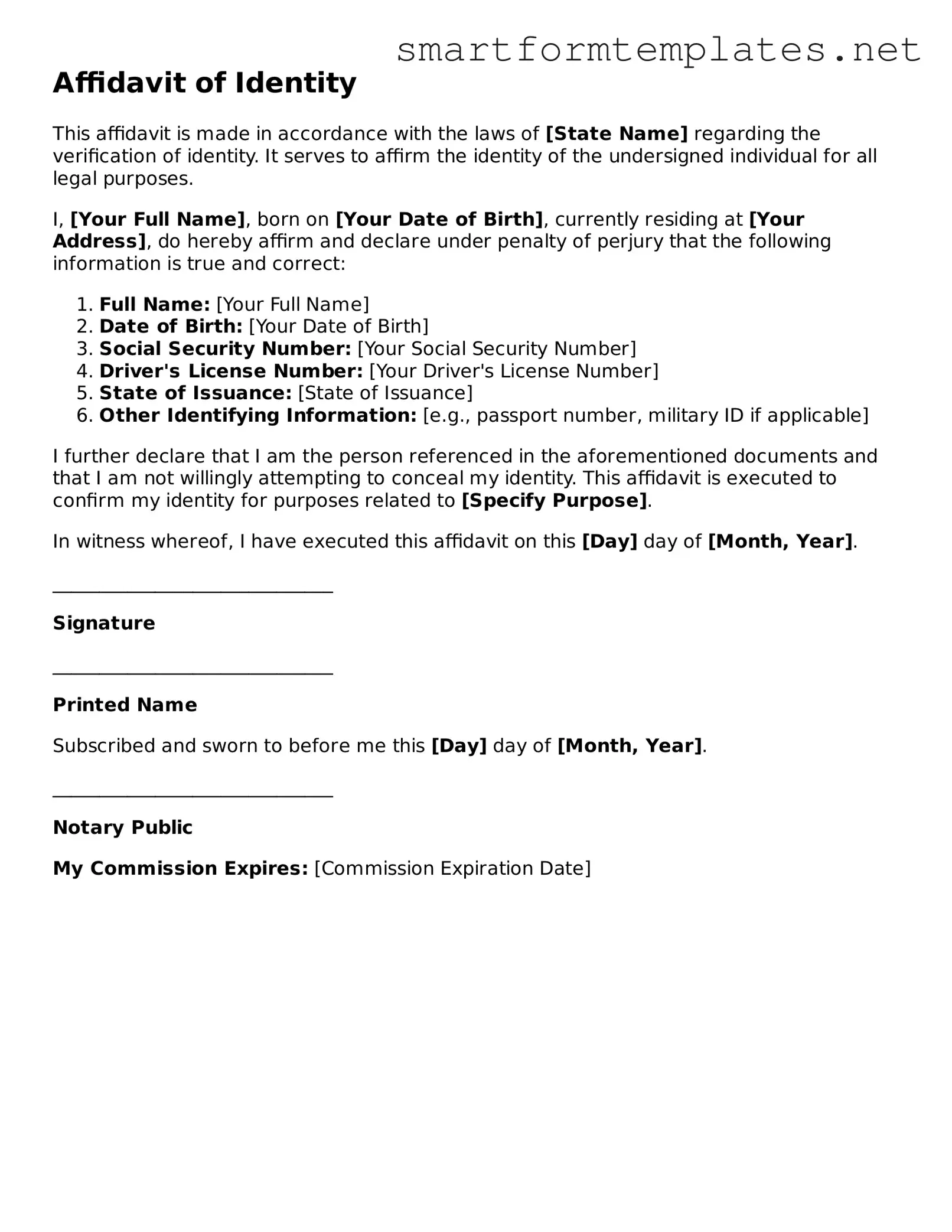 Affidavit of Identity Template