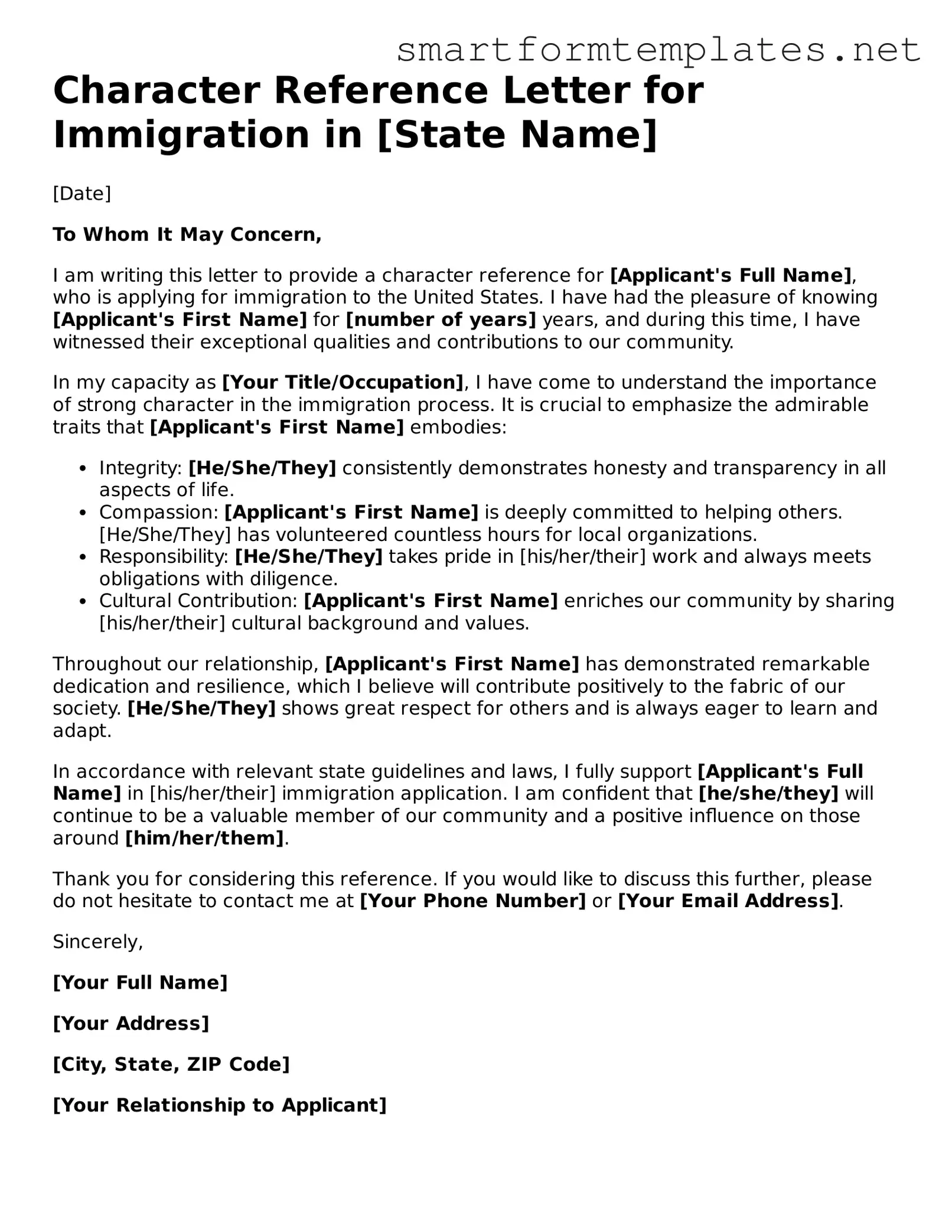Character Reference Letter for Immigration Template