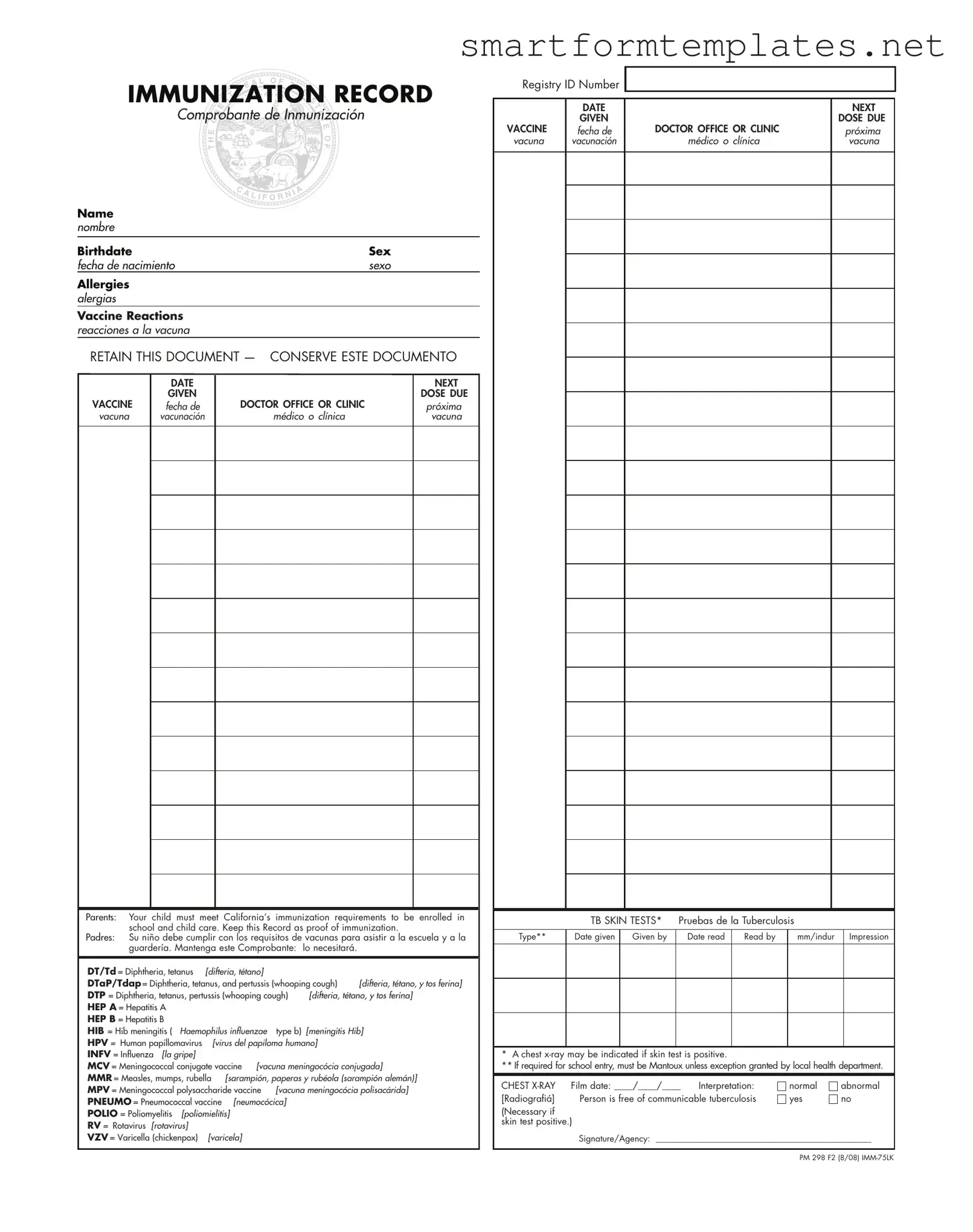 Free Immunization Record PDF Form