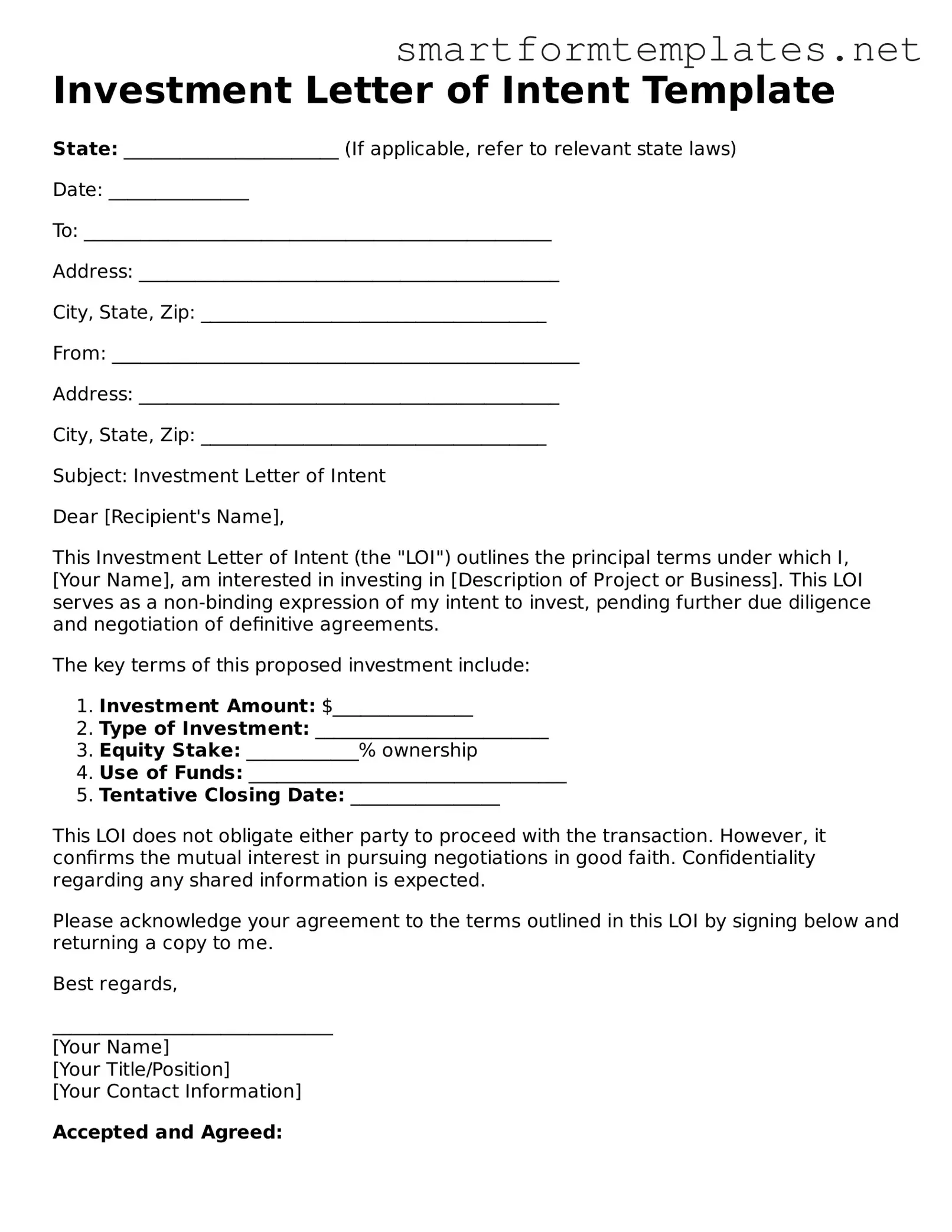 Investment Letter of Intent Template