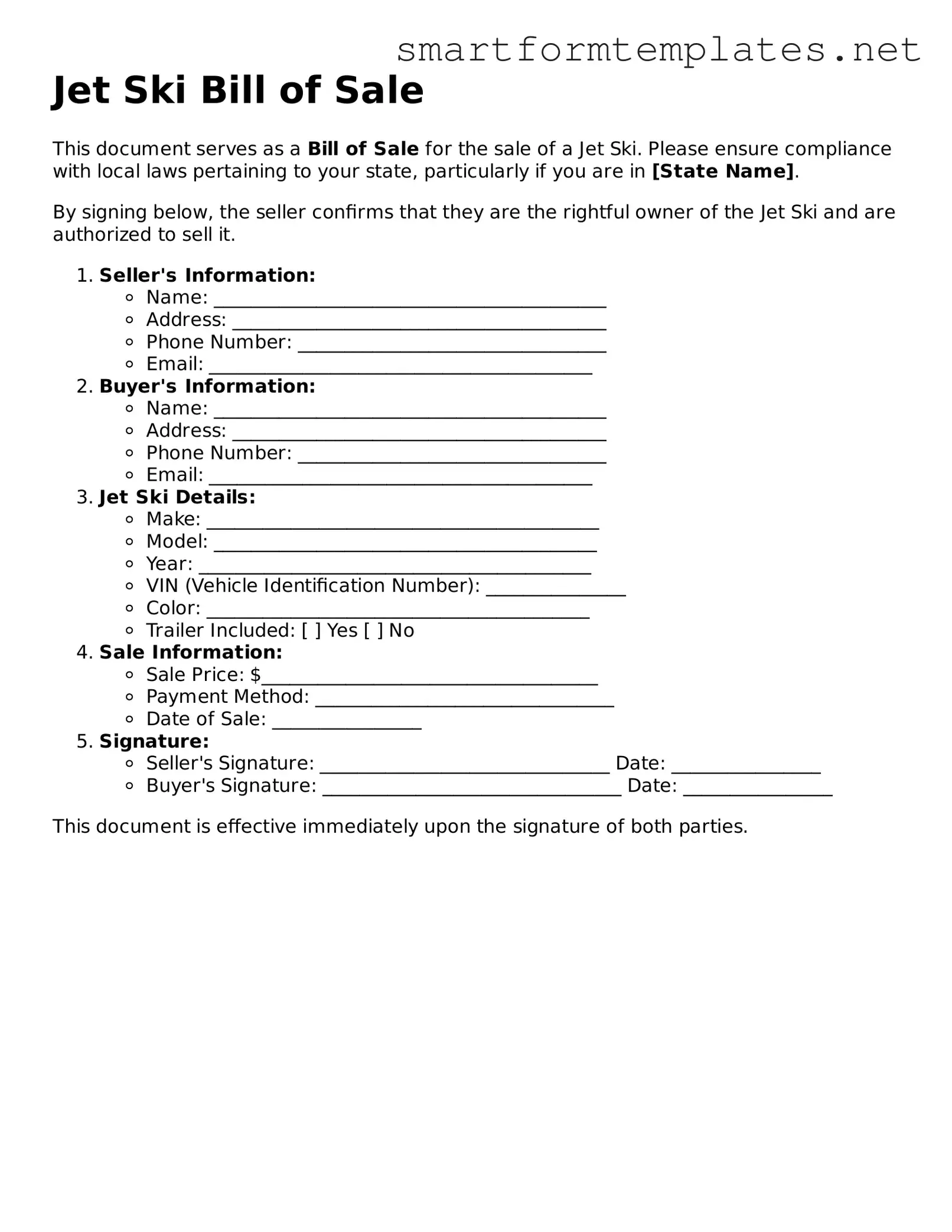 Jet Ski Bill of Sale Template