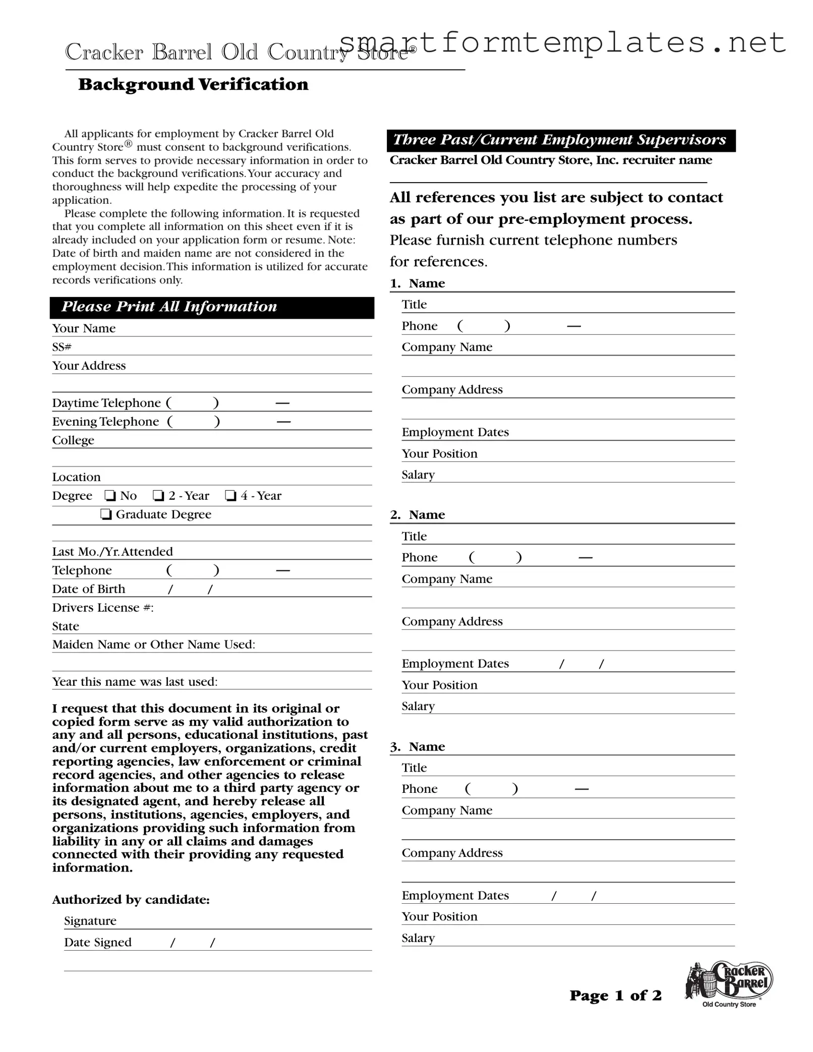 Free Cracker Barrel Background Check PDF Form