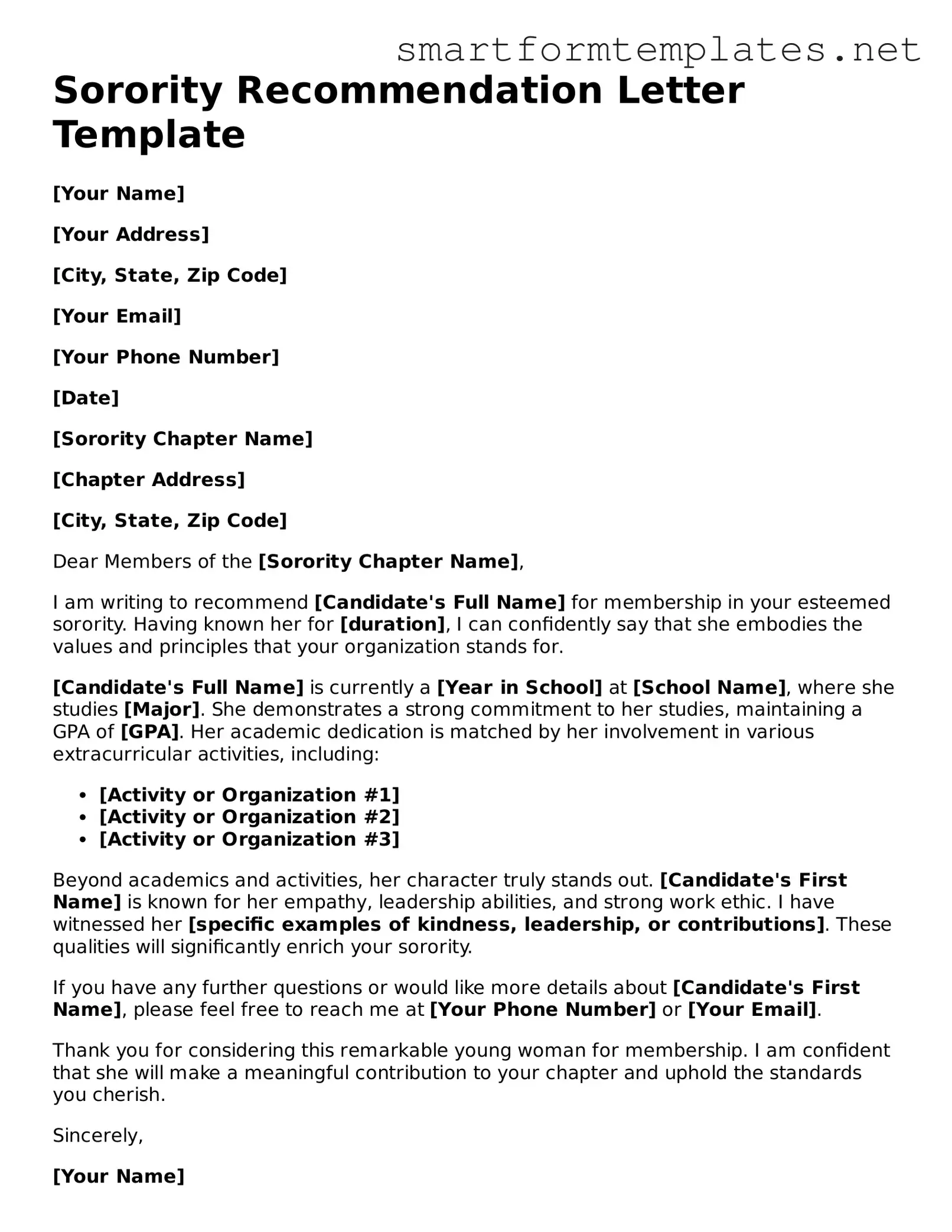 Sorority Recommendation Letter Template