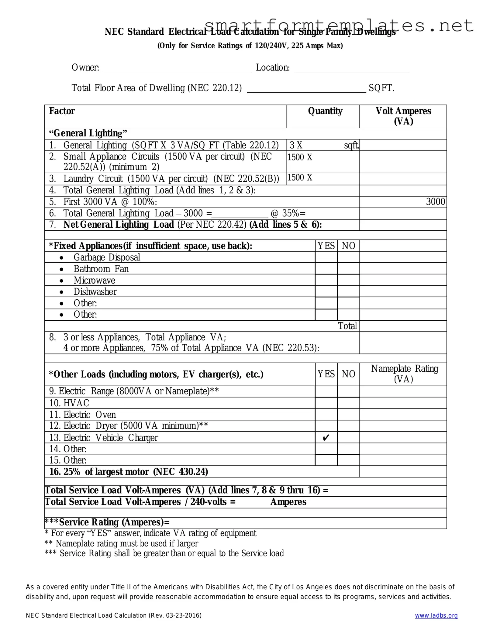 Free LADBS NEC Standard Electrical Load Calculation PDF Form