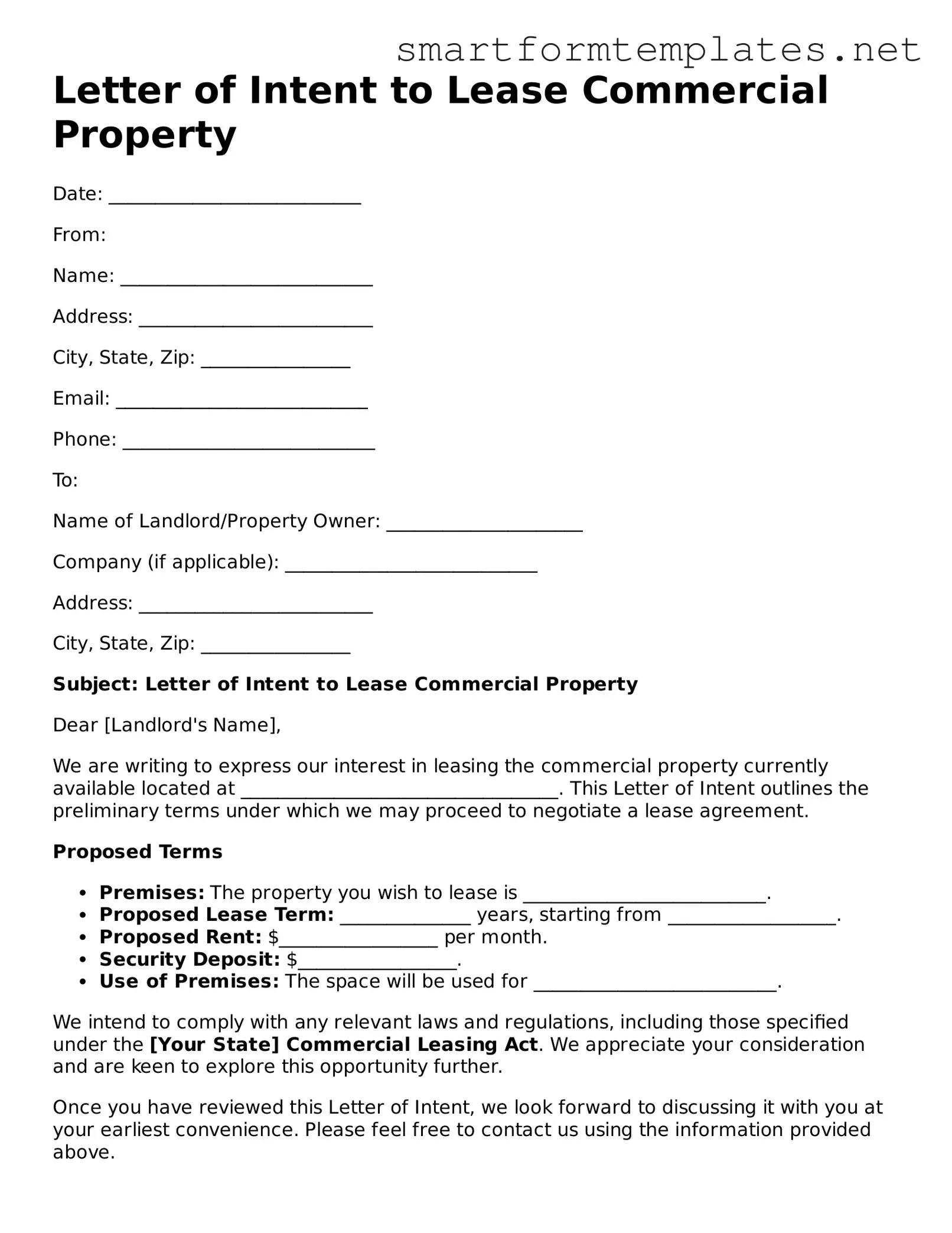 Letter of Intent to Lease Commercial Property Template