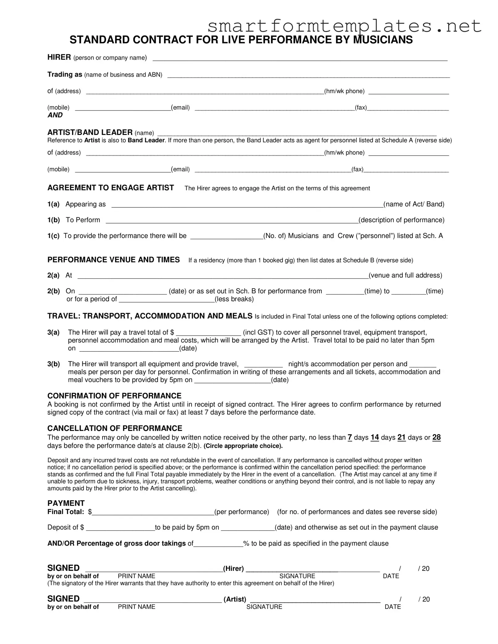 Free Live Performance Contract PDF Form
