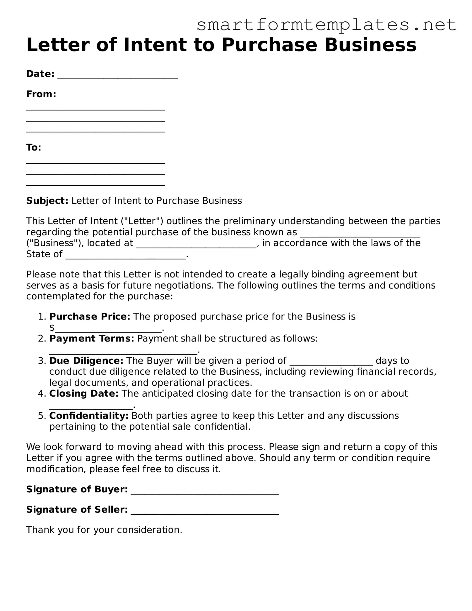 Letter of Intent to Purchase Business Template