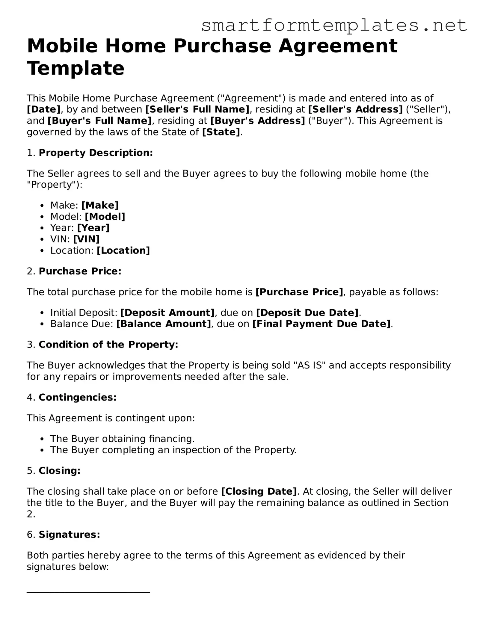 Mobile Home Purchase Agreement Template