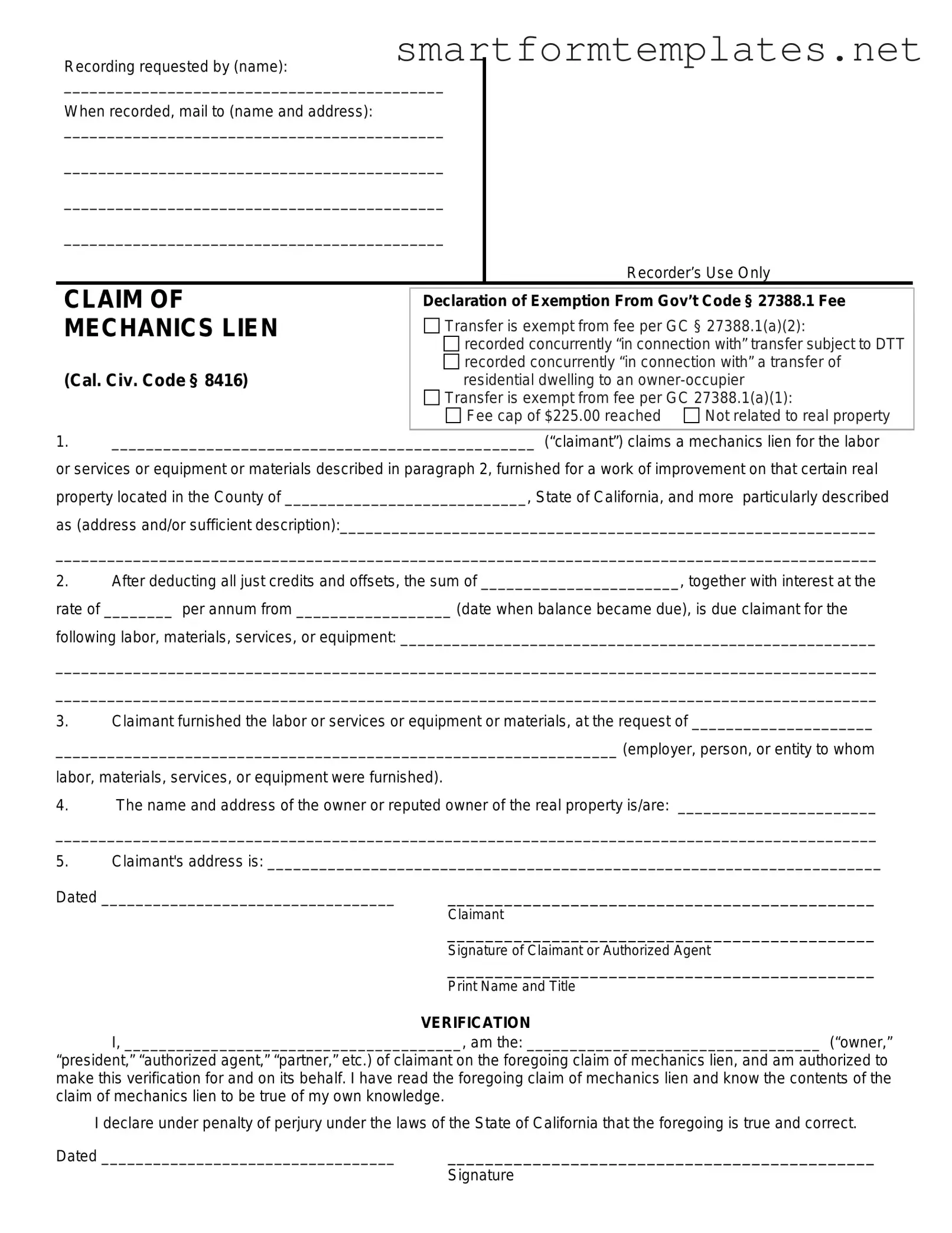 Free Mechanics Lien California PDF Form