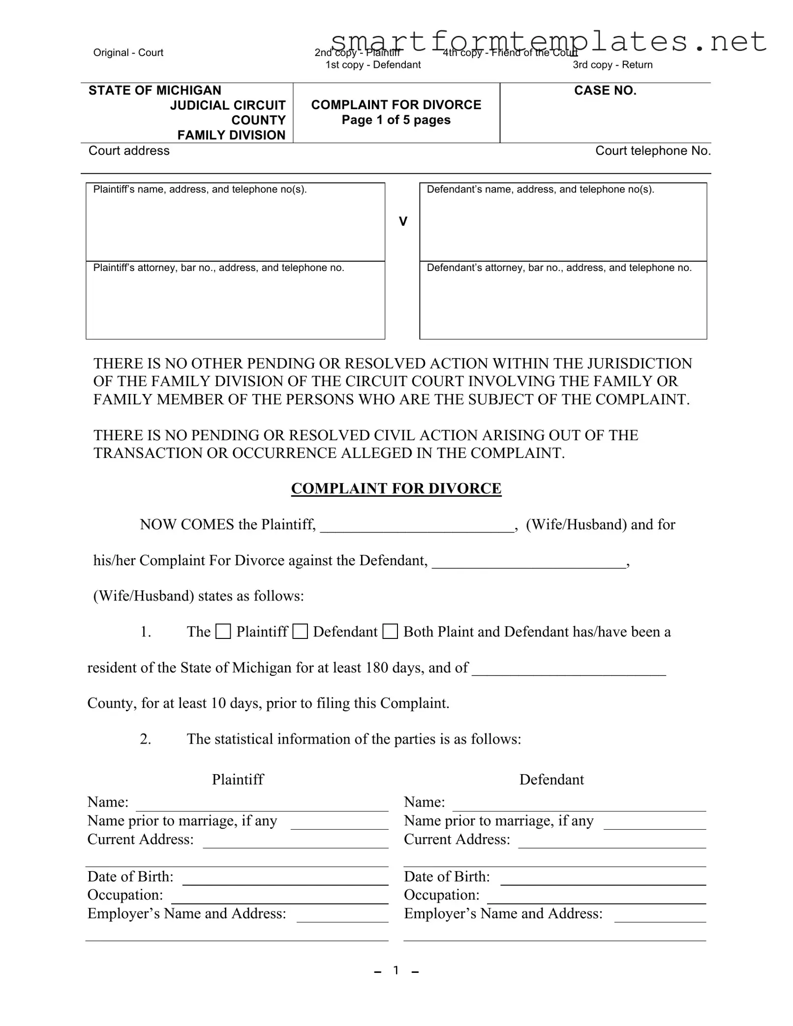 Free Michigan Complaint Divorce PDF Form