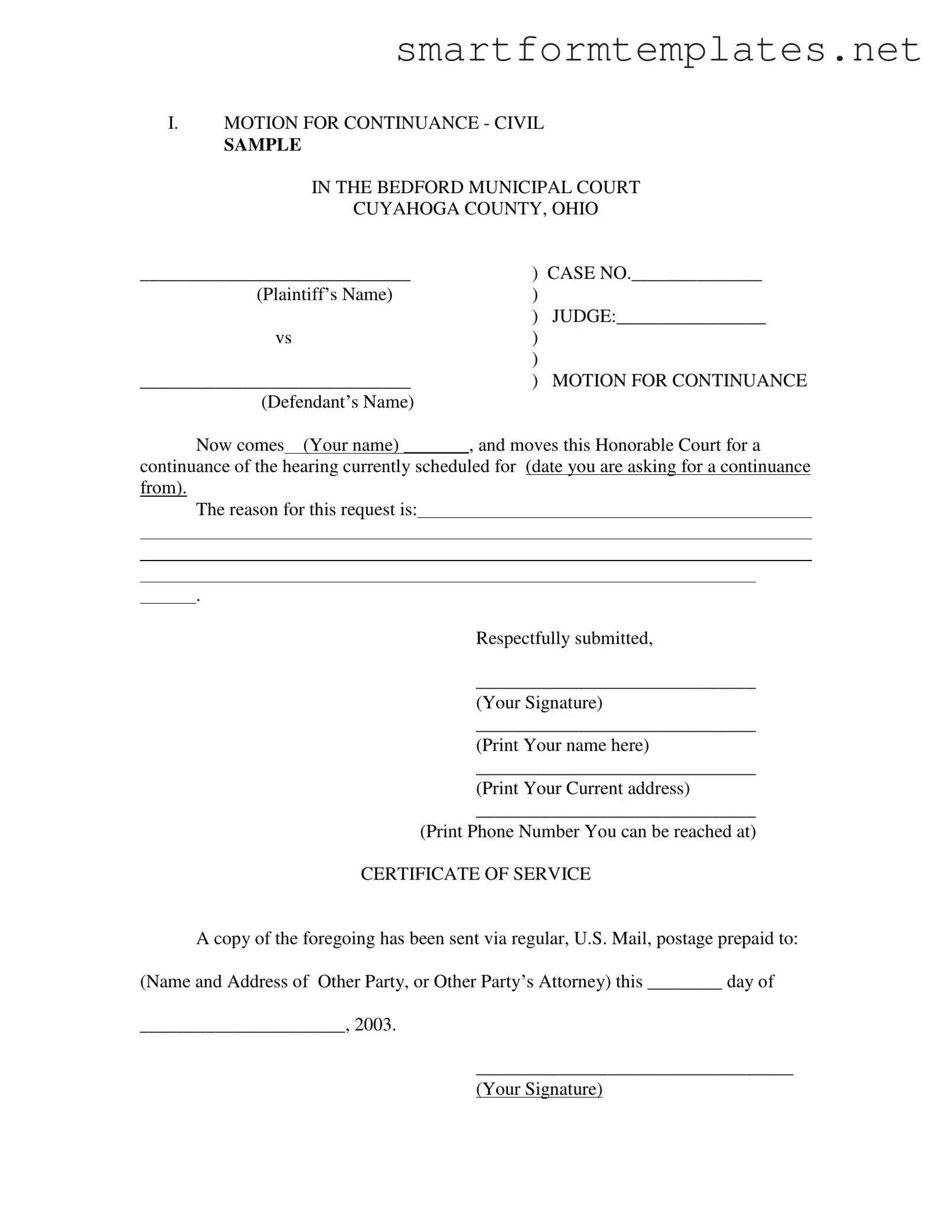 Free Motion For Continuance PDF Form