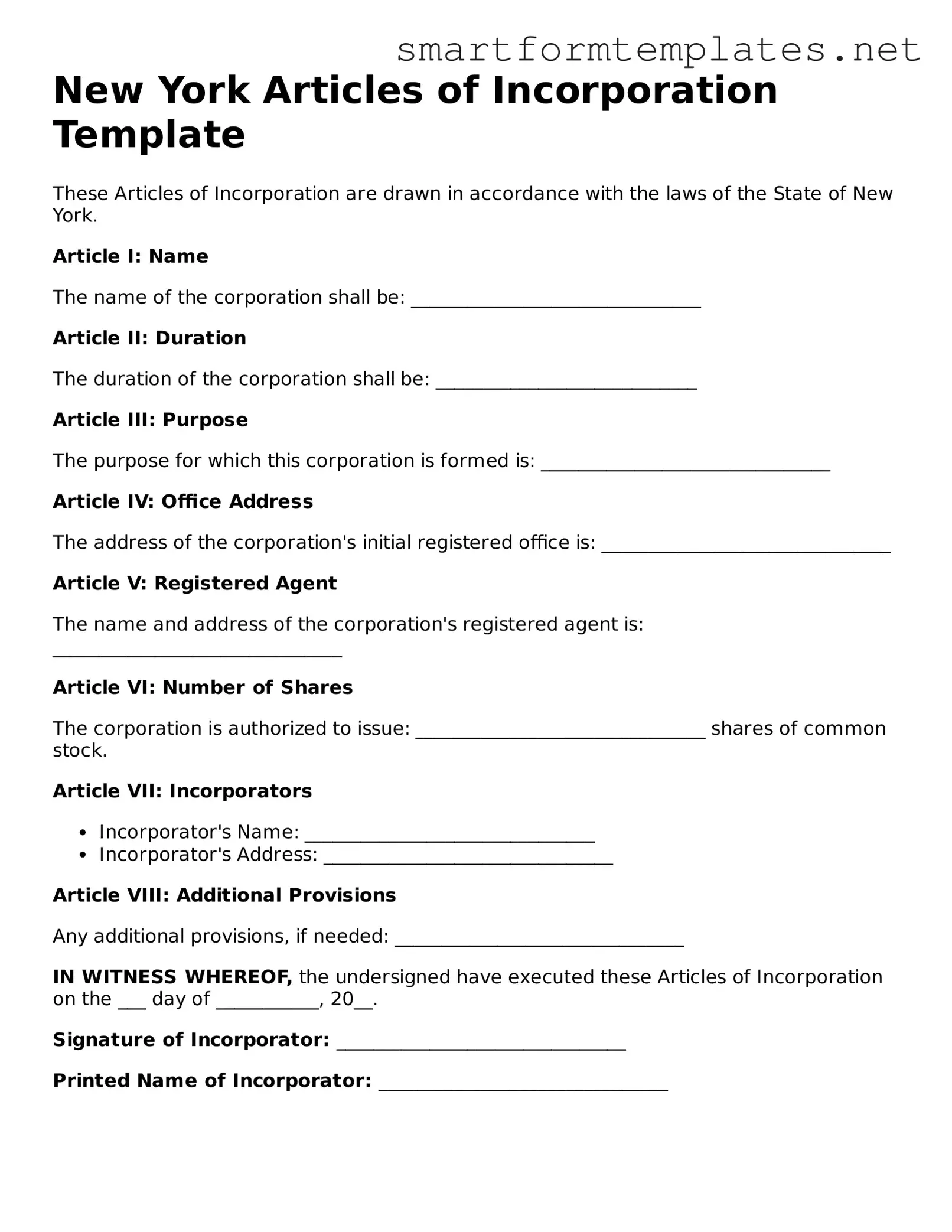 Official New York Articles of Incorporation Form