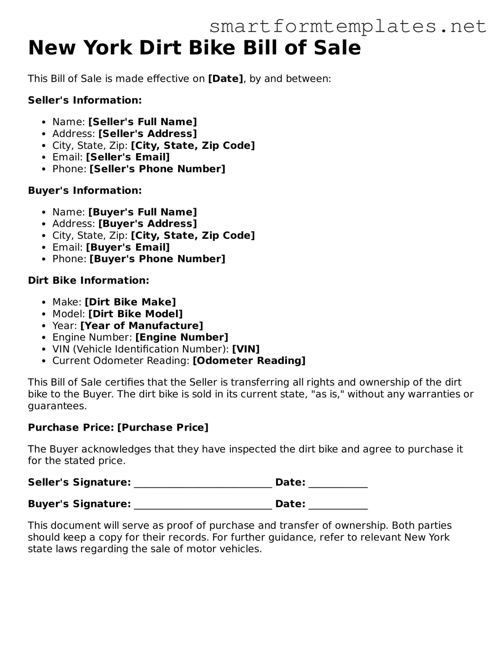 Official New York Dirt Bike Bill of Sale Form