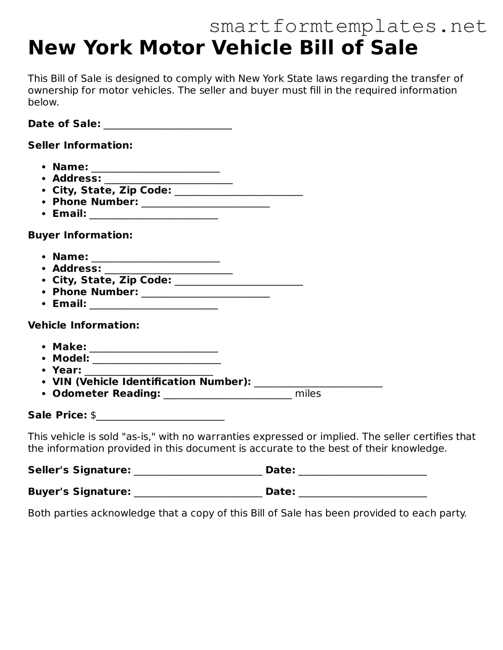 Official New York Motor Vehicle Bill of Sale Form