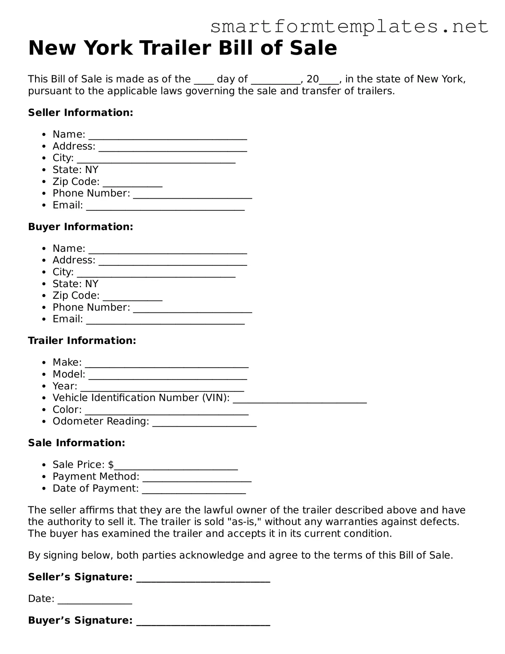 Official New York Trailer Bill of Sale Form