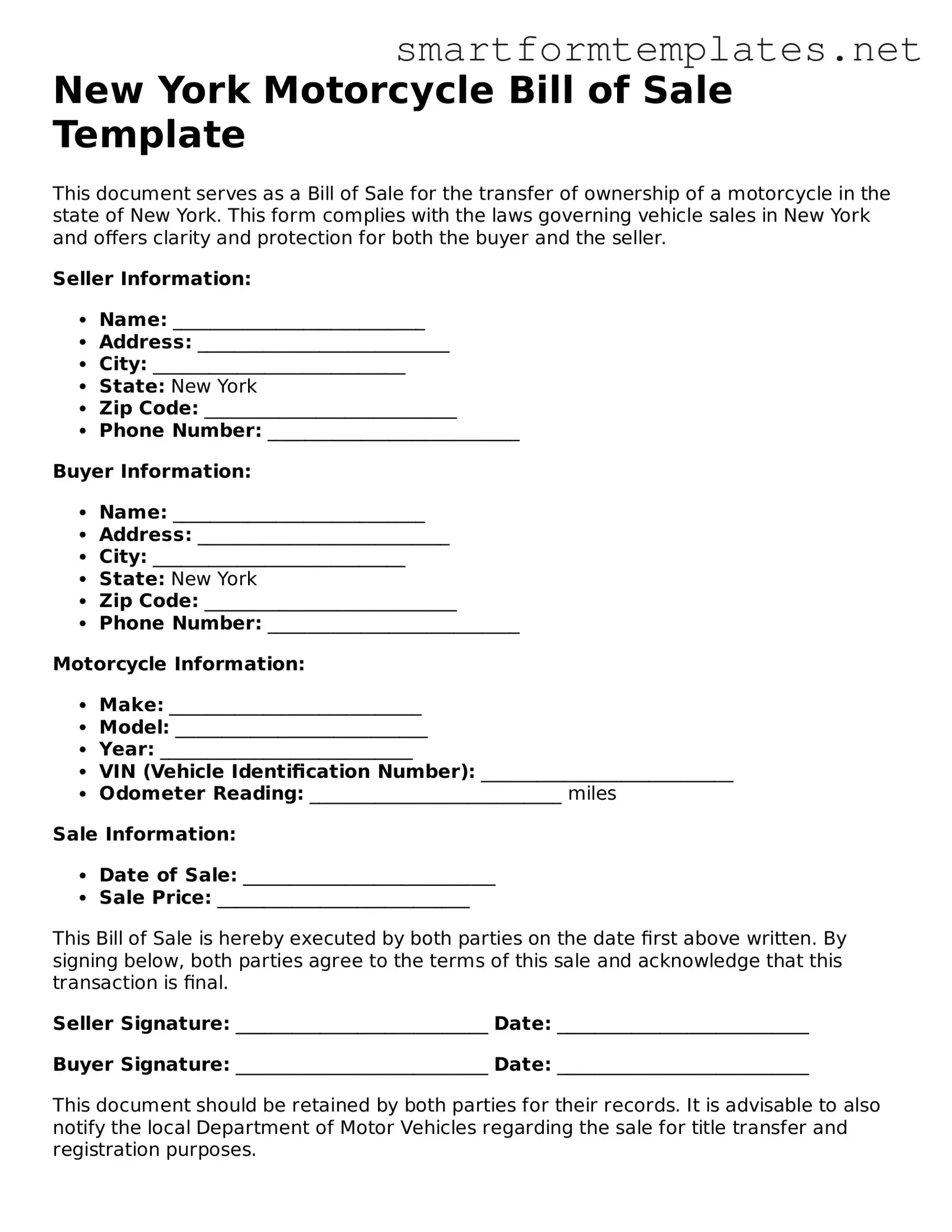 Official New York Motorcycle Bill of Sale Form
